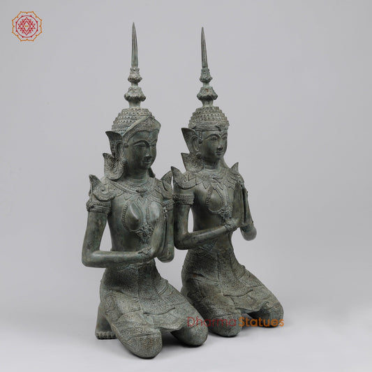 Bronze Thai Praying Devas Kneeling Fine, Green Patina Finish 25” Origin- Nakhon Pathom, Thailand