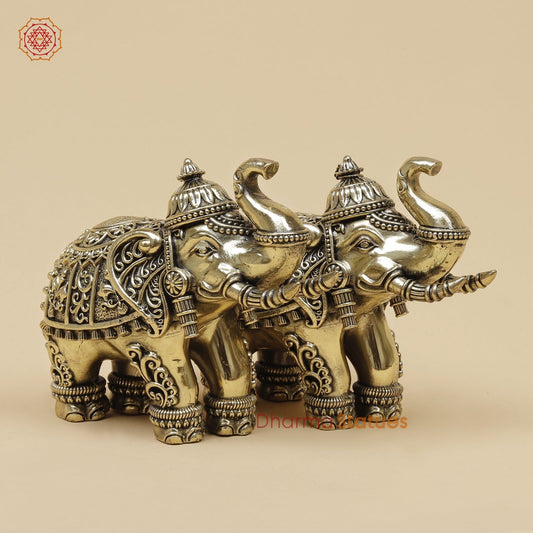 Brass Elephants pair With Fine Carving 5”