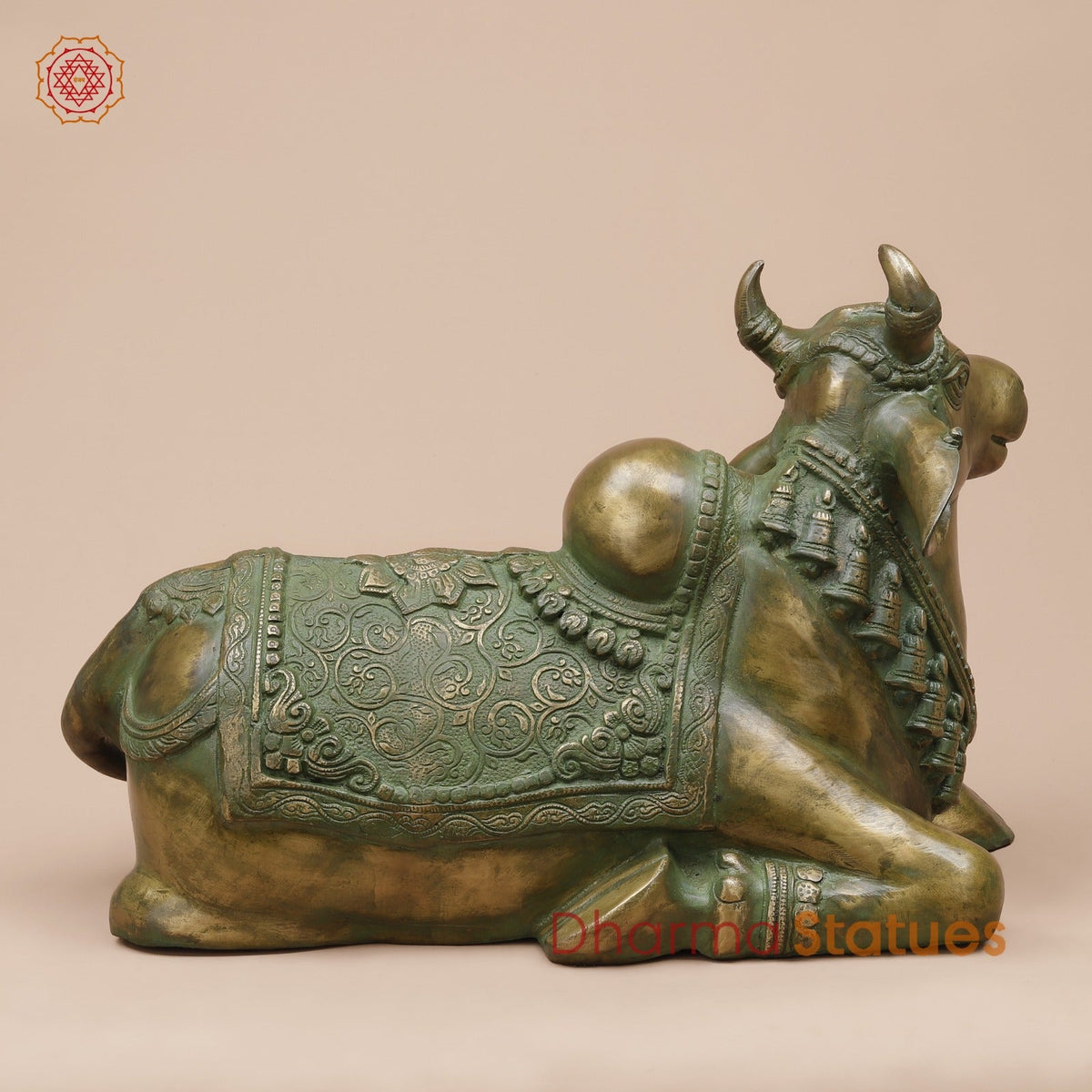 Brass Nandi Seated Fine Carving, Natural Patina 21”