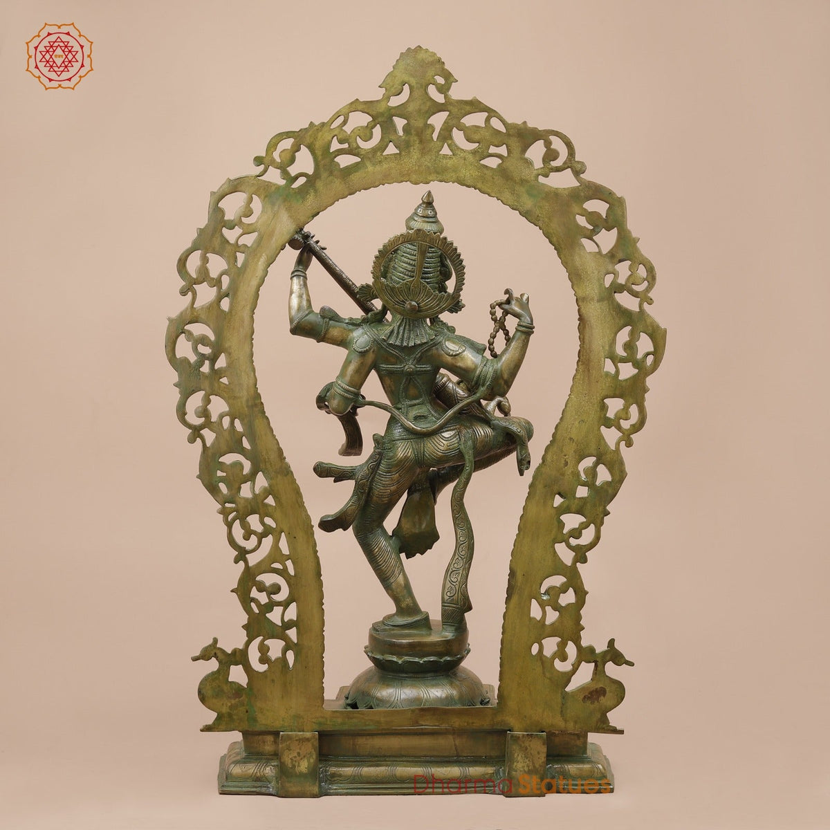 Brass Saraswati Dancing with Arch Fine, Antique Patina 32”