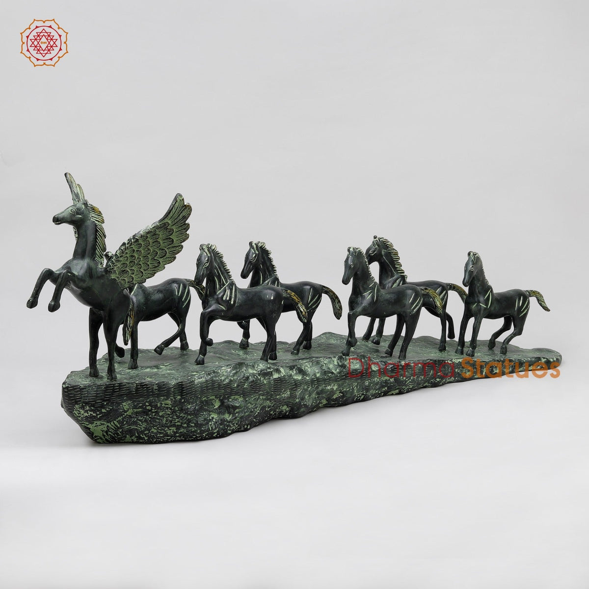 Brass Lucky 7 Horses Fine , Antique Green Finish 34” (Vastu Approved)