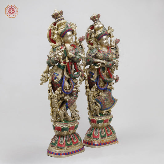 Brass Radha Krishna Standing Fine, Stone Work 30”