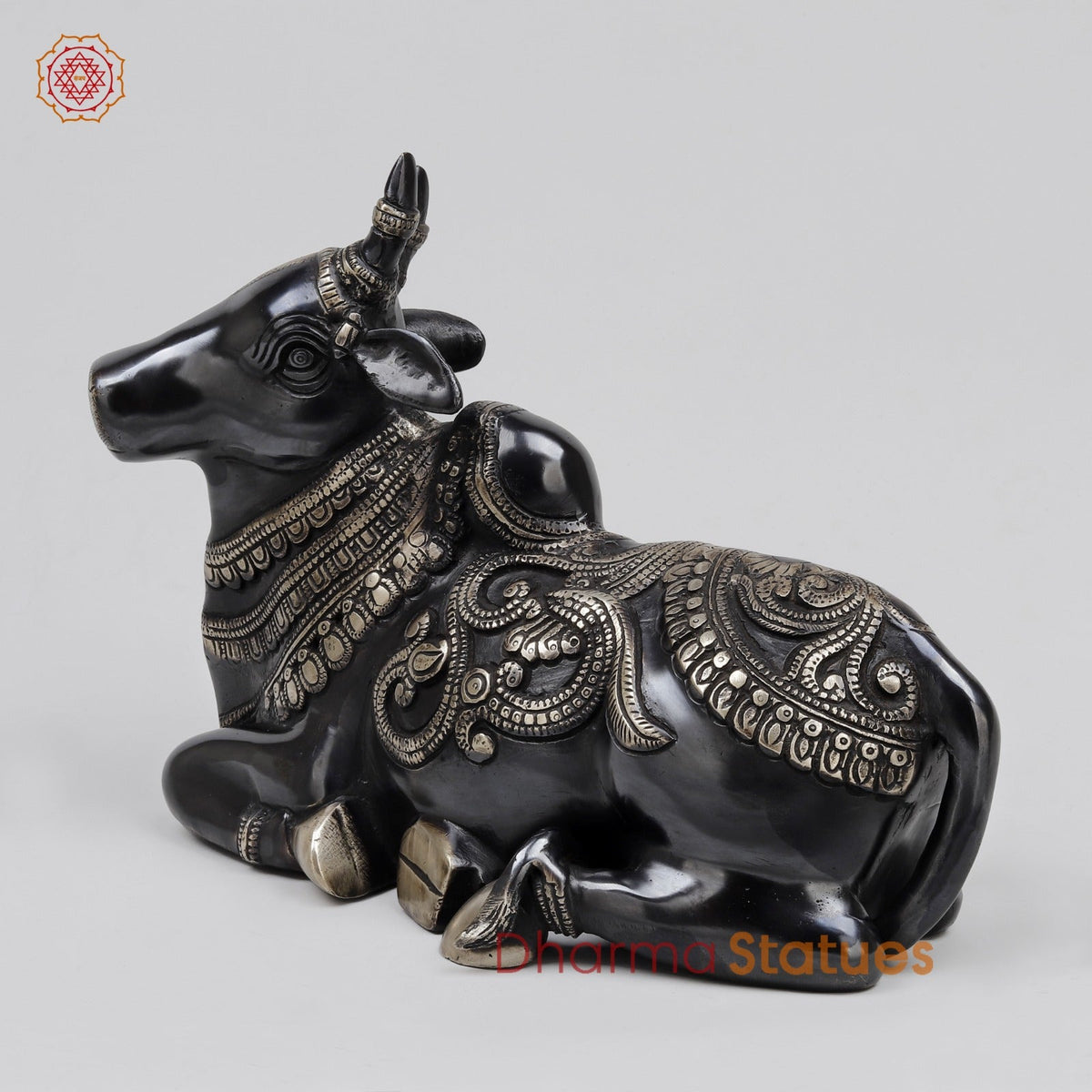 Brass Nandi Seated With Fine Carving, Royal Black Finish 12”