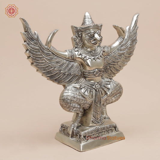 Brass Garuda Seated With Open Wings Fine, Silver Coated 13”