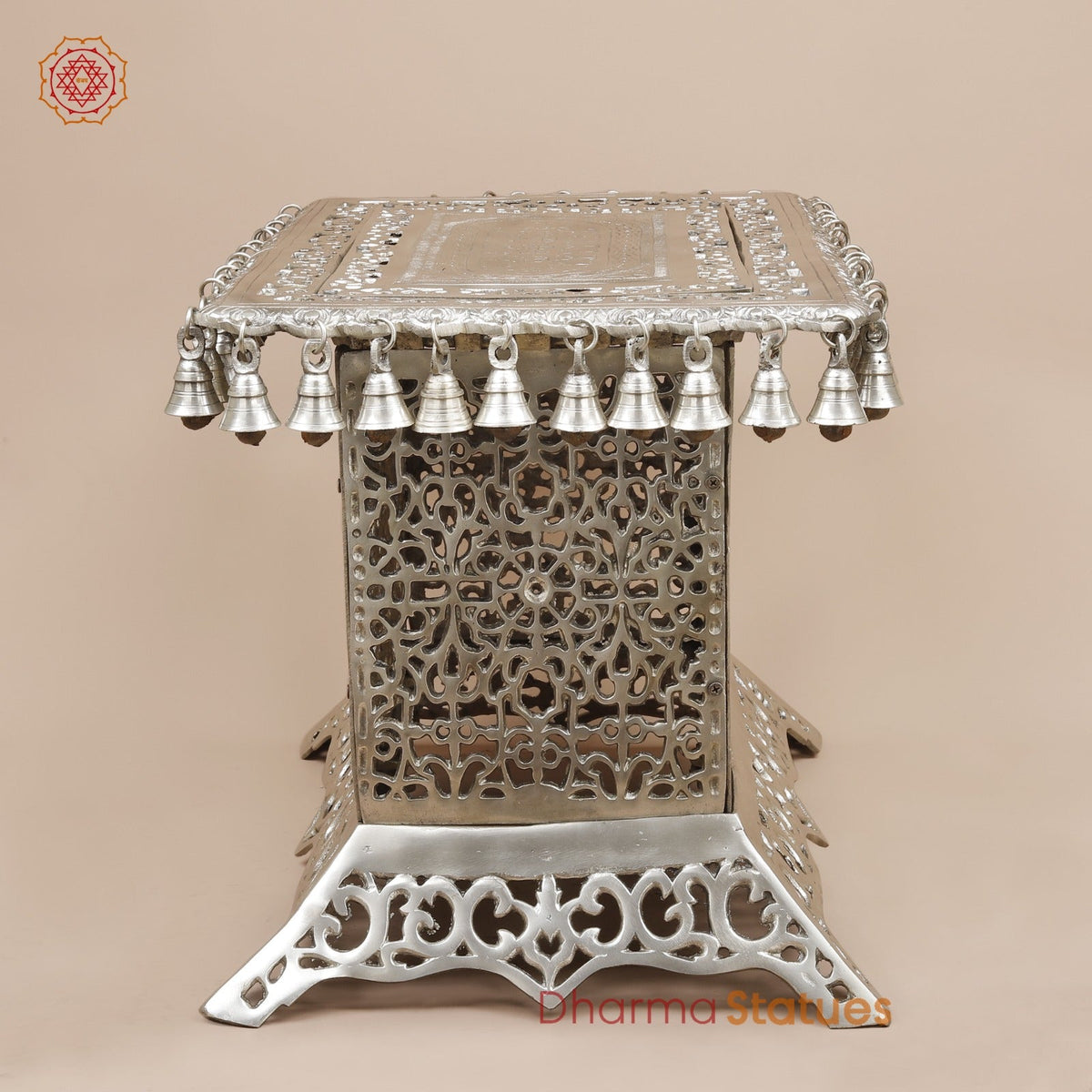 Brass Pedestal With Bells and Jali cut Work Fine, Silver Coated 16”