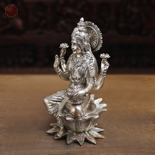 Brass Lakshmi Statue, The Goddess of Fortune, Fine Silver Finish 12"