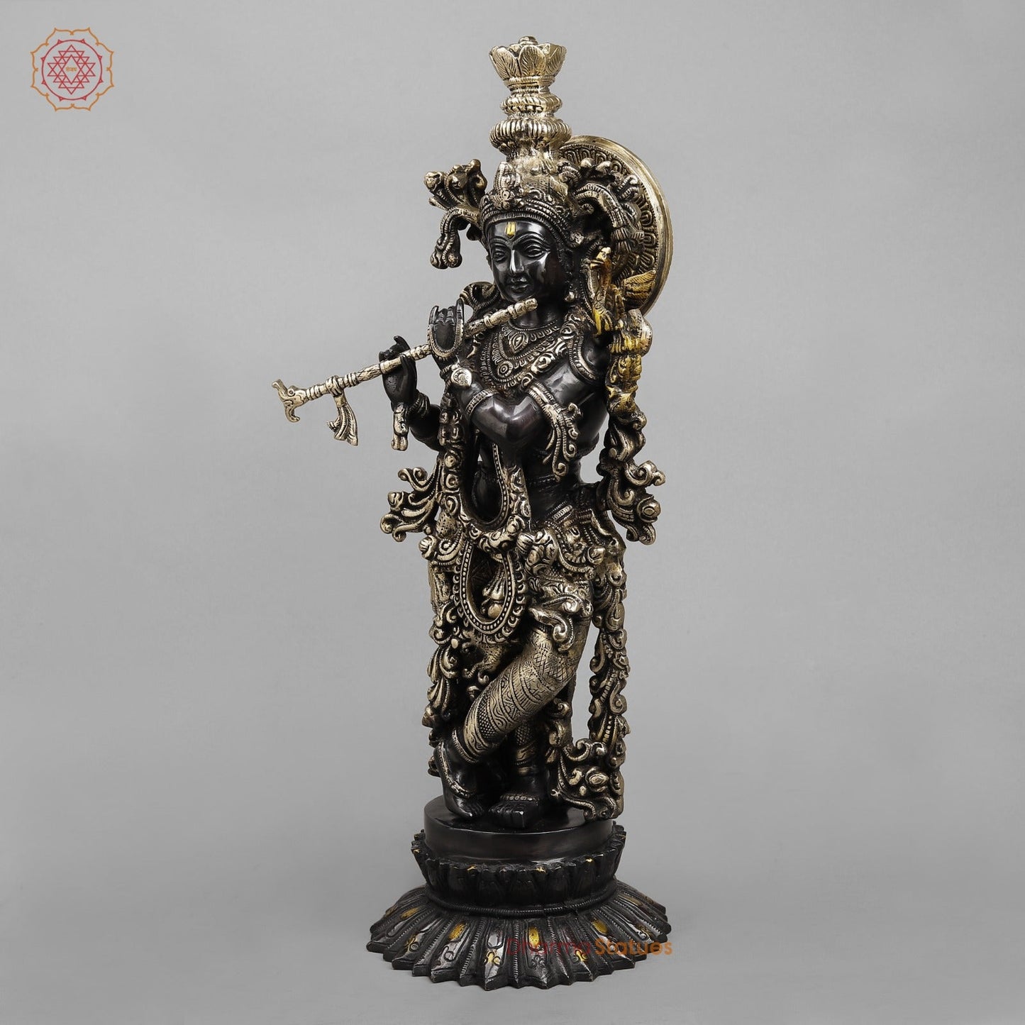 Brass Krishna Standing On Blooming lotus Pedestal 22.5”