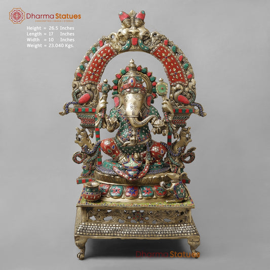 Brass Lord Ganesha on Royal Throne Stone Studded 26.5”