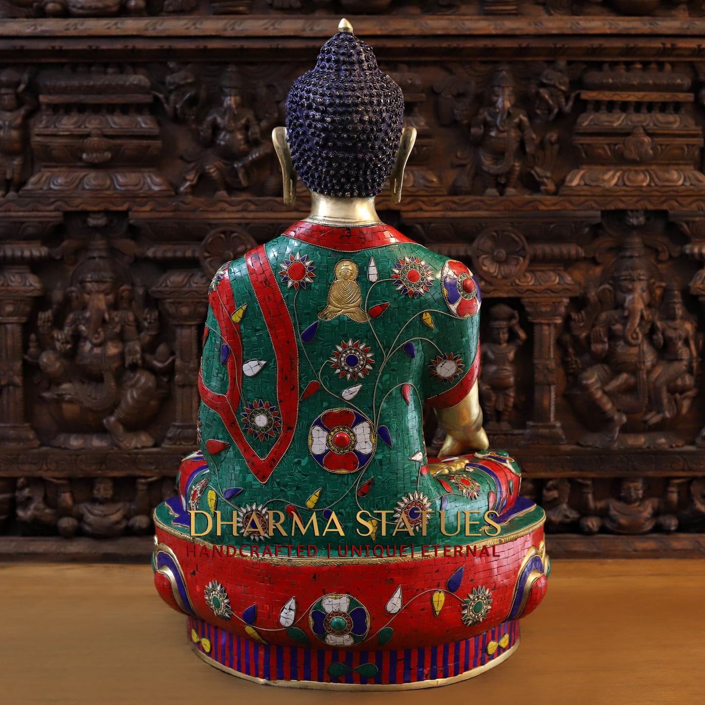 Brass Buddha Statue, Fine Nepali Stone Work and Golden Finish 33"