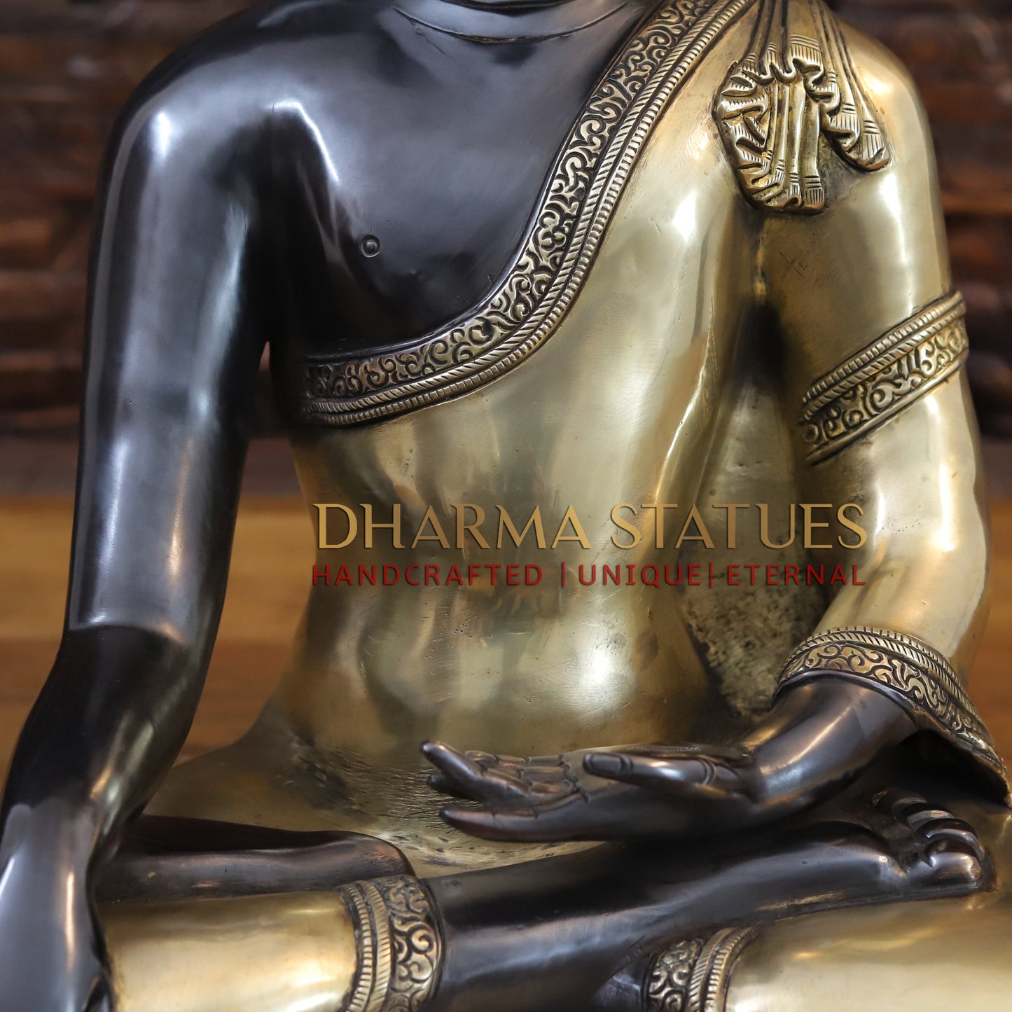 Brass Buddha in Bhumisparsha Mudra, Classic Black and Gold Finish, 17.5"