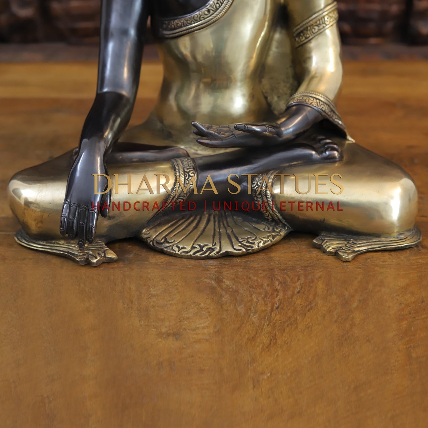 Brass Buddha in Bhumisparsha Mudra, Classic Black and Gold Finish, 17.5"