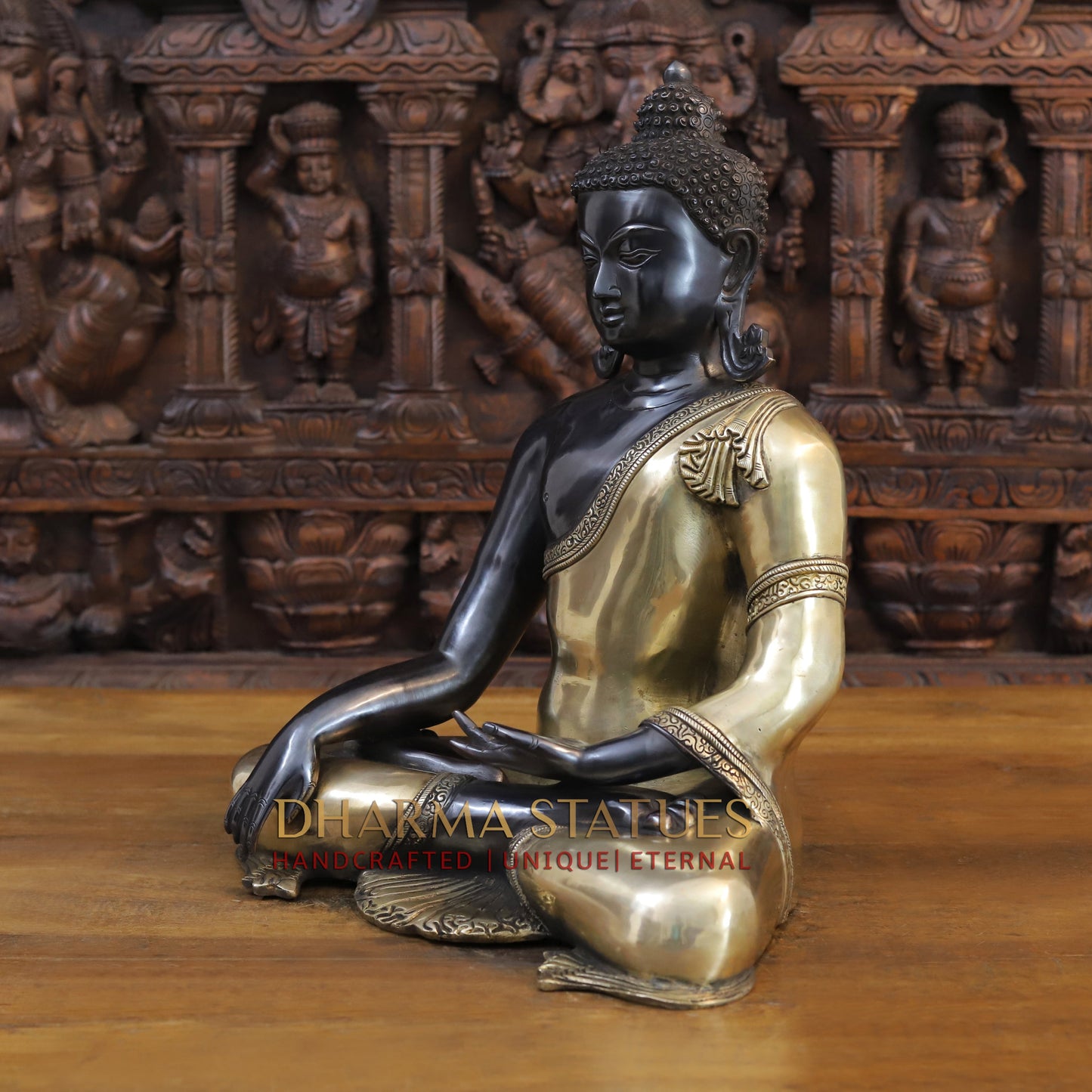 Brass Buddha in Bhumisparsha Mudra, Classic Black and Gold Finish, 17.5"