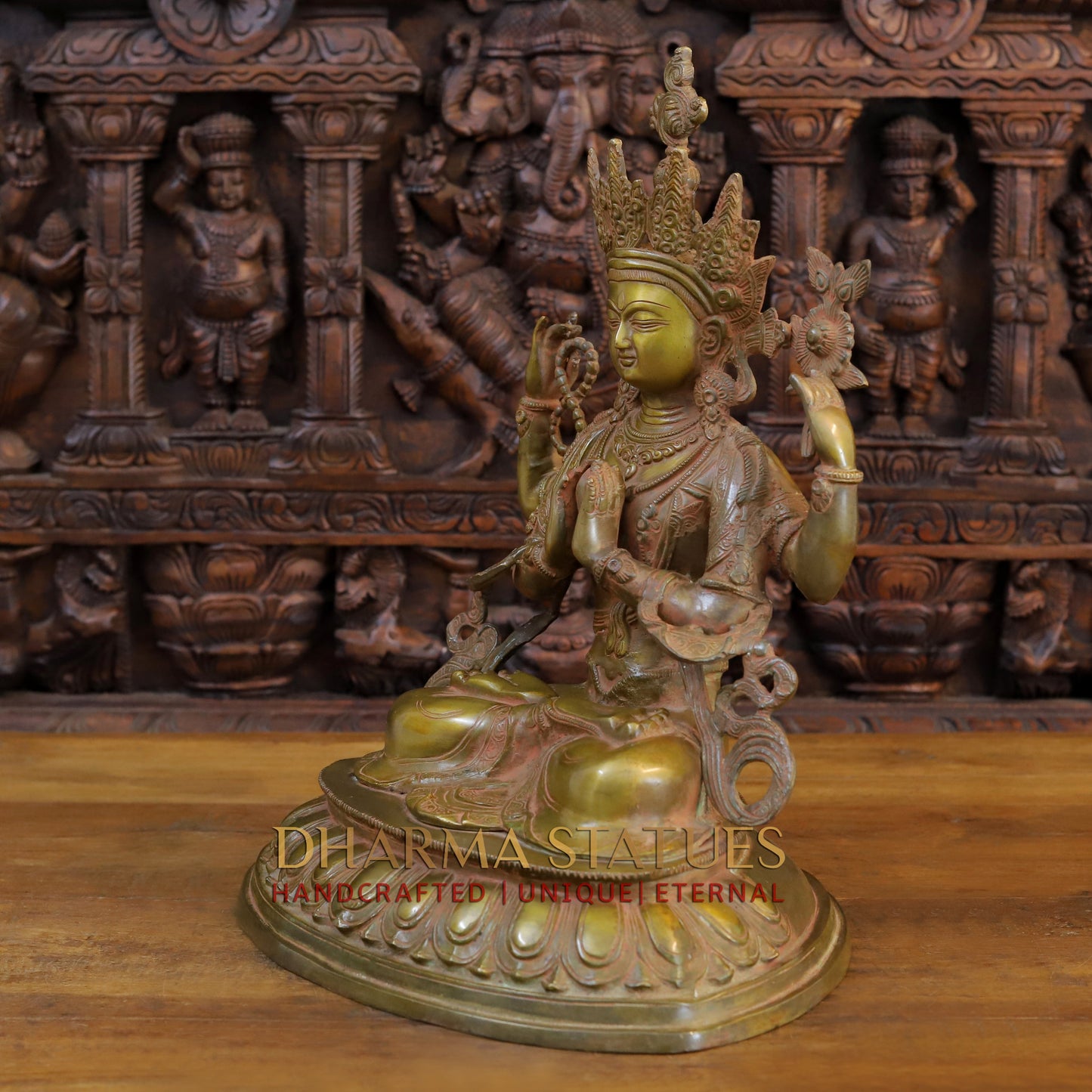Brass Meditation Tara Statue, Patina and Brick Color Finish, 18"