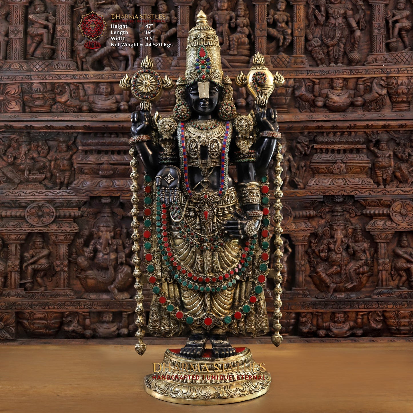 Brass Tirupati Balaji, Stonework with Black Patina & Golden Finish, 47"