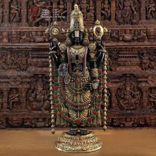 Brass Tirupati Balaji, Stonework with Black Patina & Golden Finish, 47"
