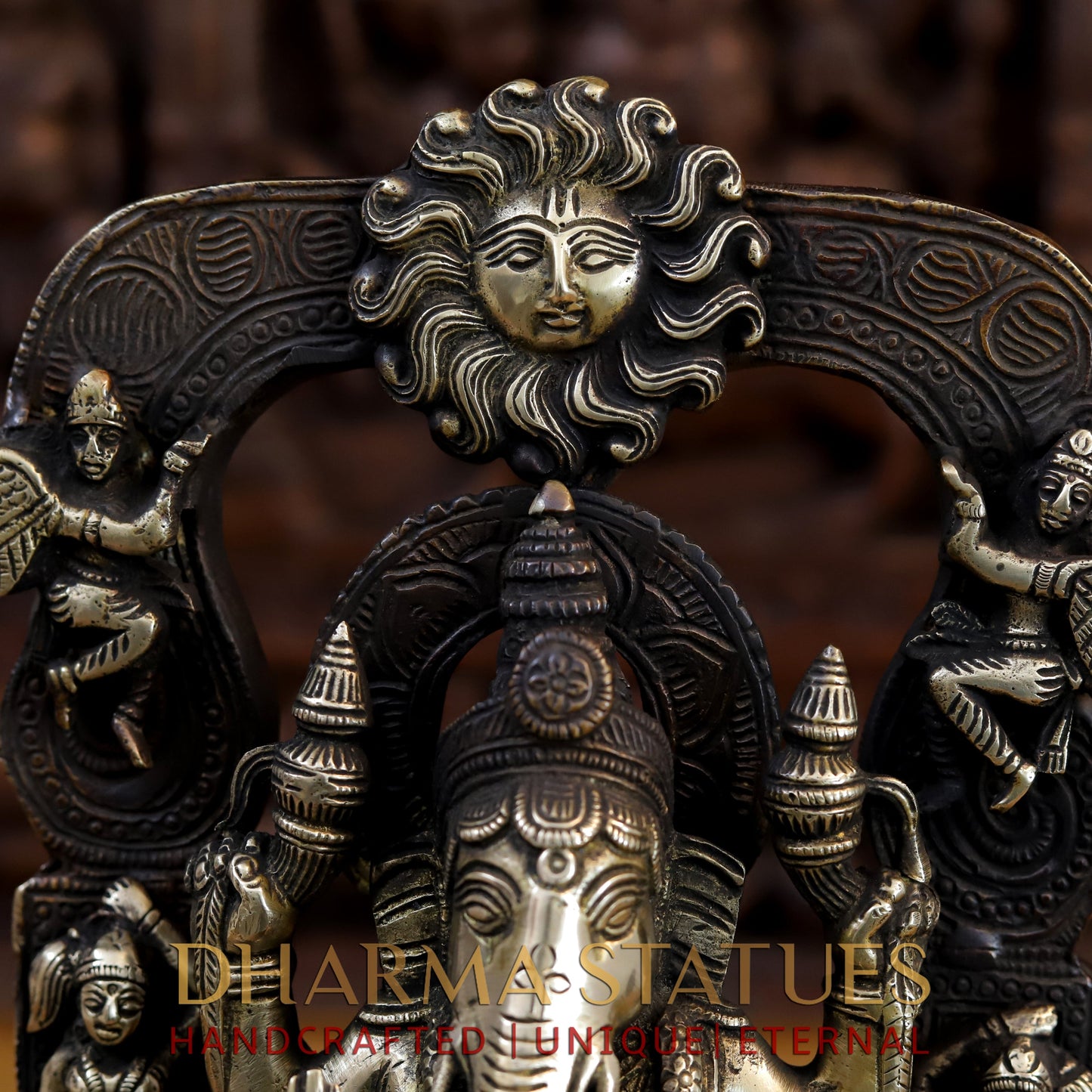 Brass Ganesh sitting on the Sun of Throne, Copper and Gold Finish, 13.5"