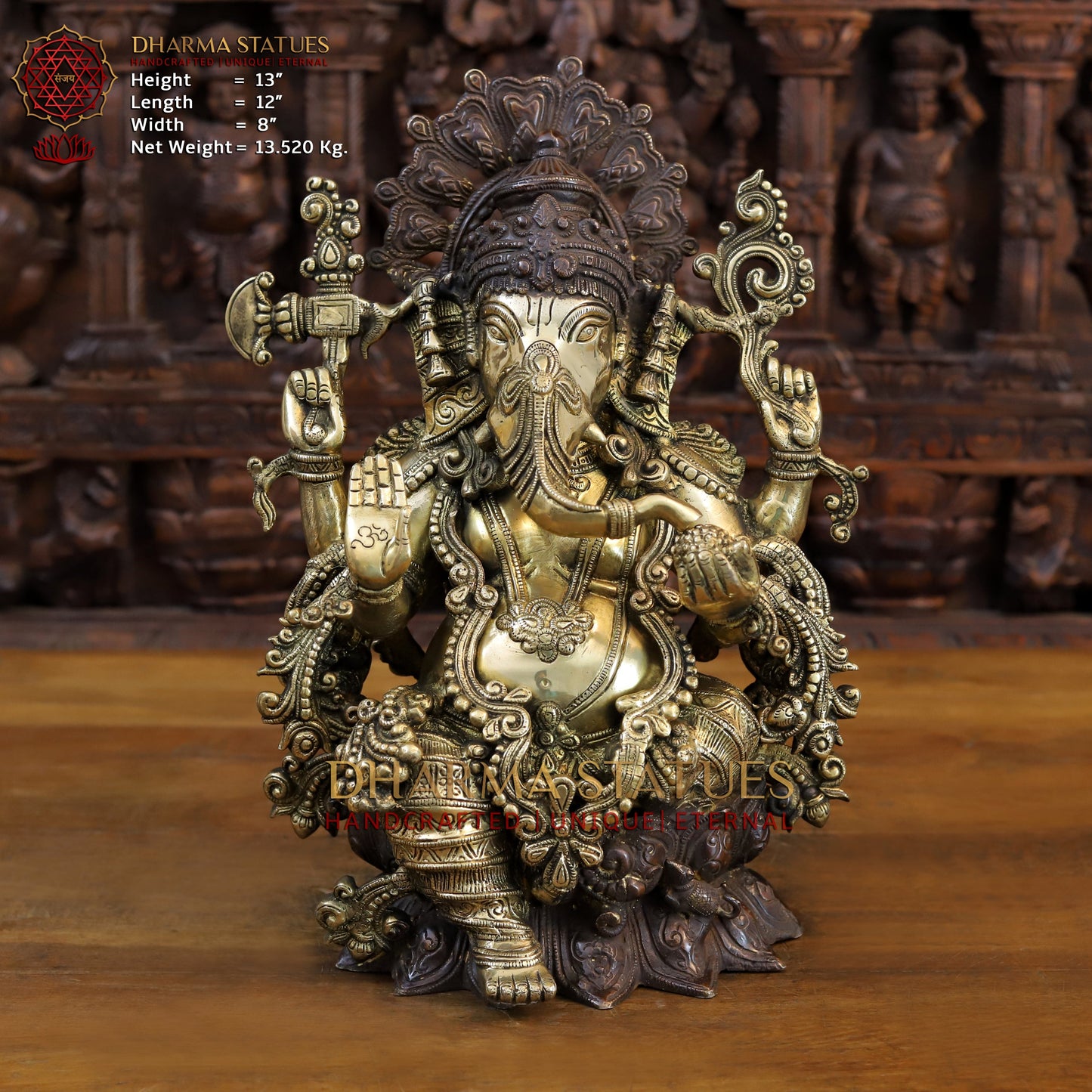 Brass Ganesh seated with Fine Carved jewelry, Copper & Gold Finish, 13”