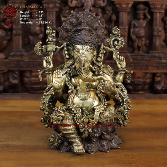 Brass Ganesh seated with Fine Carved jewelry, Copper & Gold Finish, 13”
