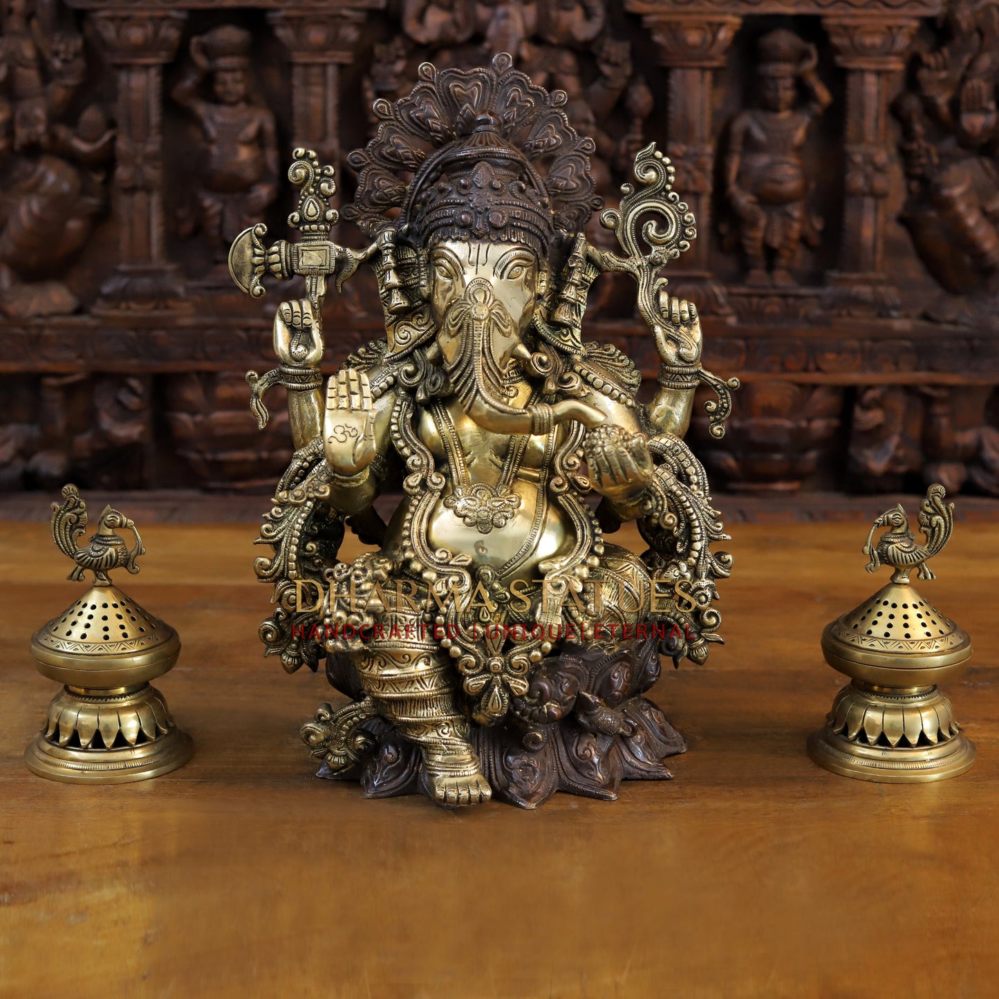 Brass Ganesh seated with Fine Carved jewelry, Copper & Gold Finish, 13”