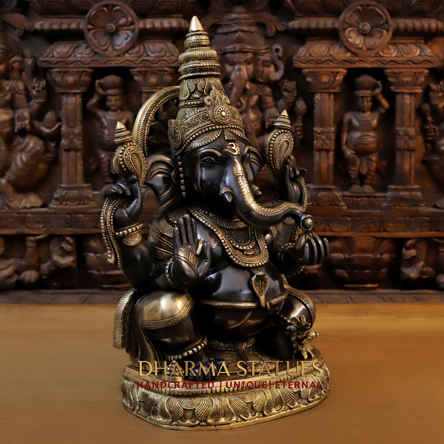 Brass Ganesh seated in Blessing Posture, Back Patina & Golden Finish, 20"
