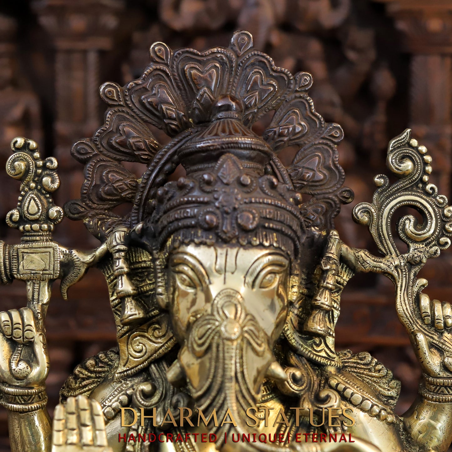 Brass Ganesh seated with Fine Carved jewelry, Copper & Gold Finish, 13”