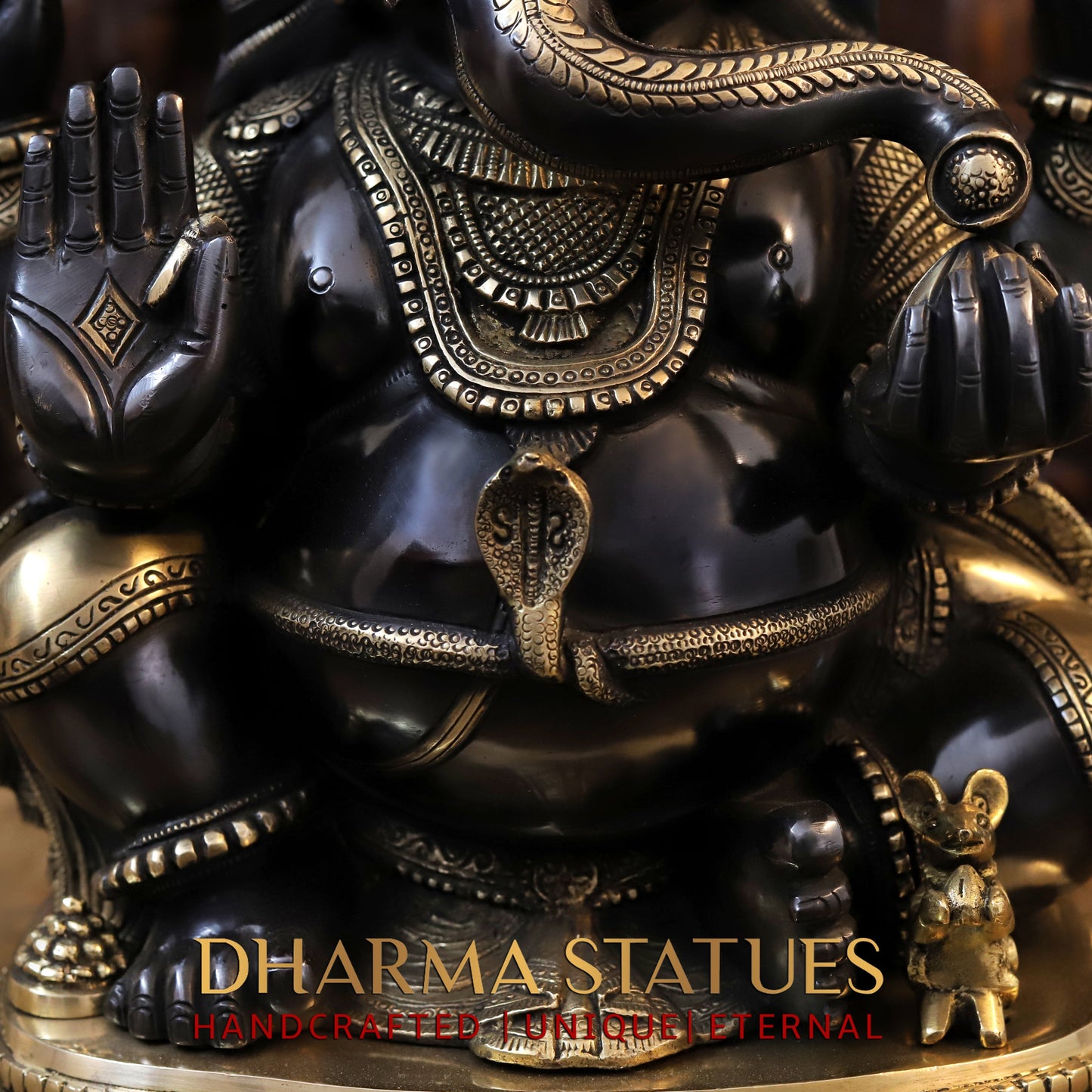 Brass Ganesh seated in Blessing Posture, Back Patina & Golden Finish, 20"