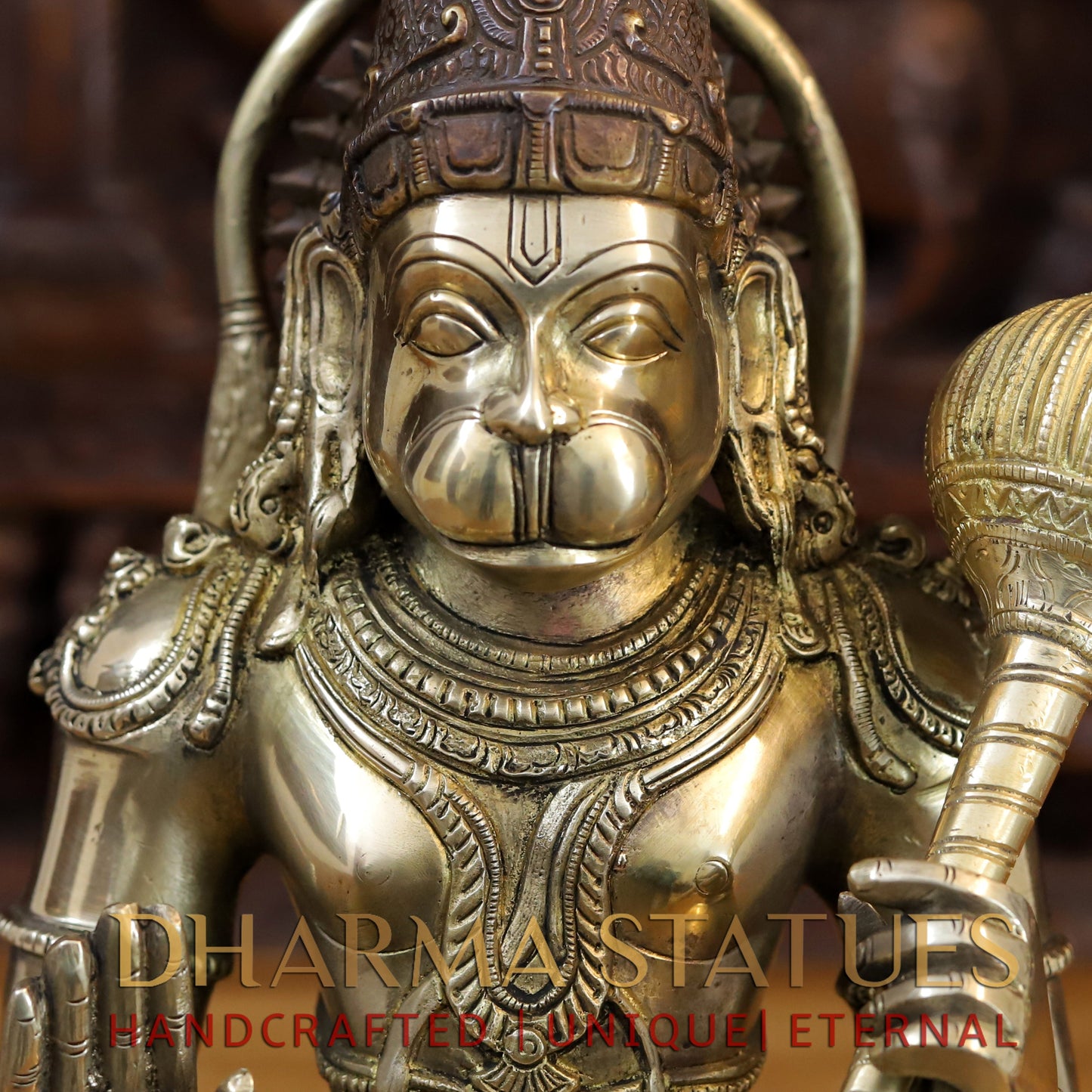 Brass Hanuman Seated in Blessing Position, Gold and Copper Finish, 16"