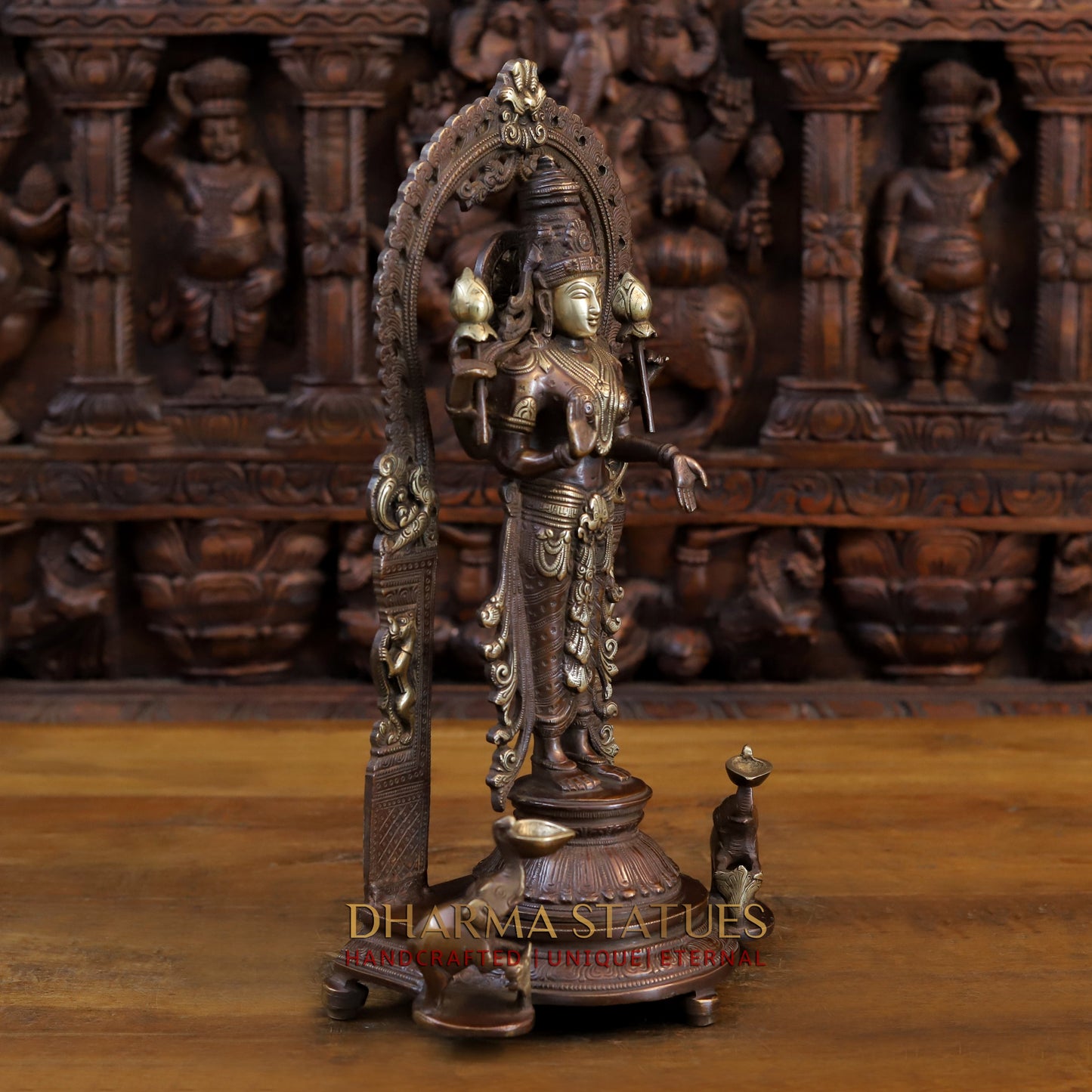 Brass Vishnu and Lakshmi Standing in Frame with Elephants & Garuda at the Pedestal, Copper and Gold, 16.5"