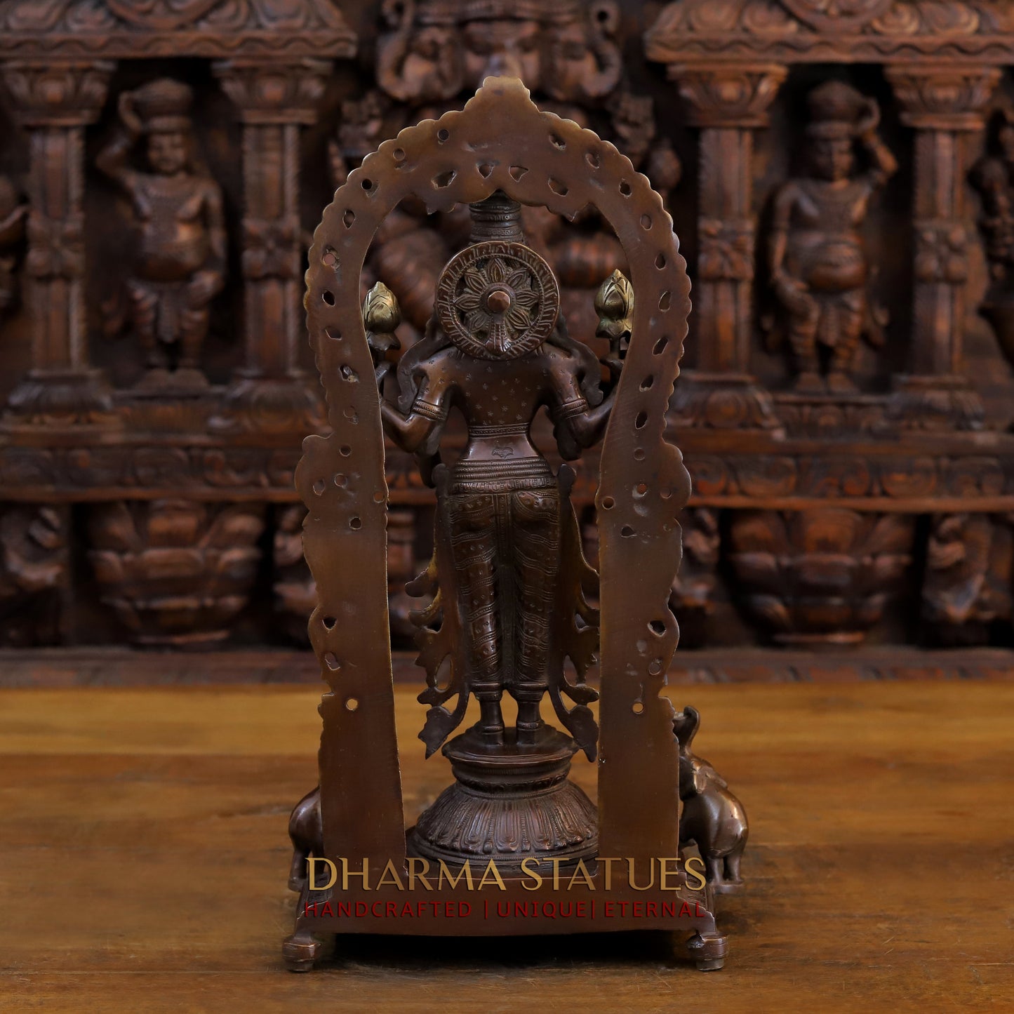 Brass Vishnu and Lakshmi Standing in Frame with Elephants & Garuda at the Pedestal, Copper and Gold, 16.5"