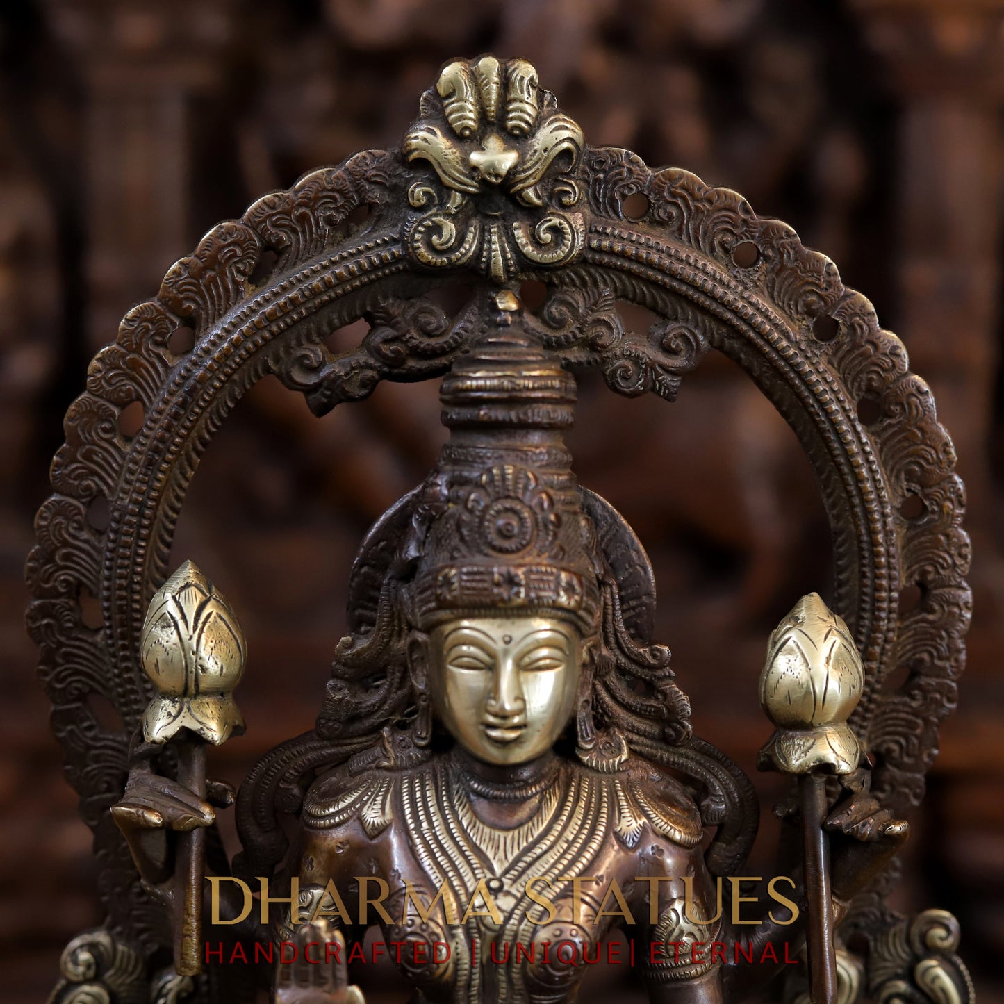 Brass Vishnu and Lakshmi Standing in Frame with Elephants & Garuda at the Pedestal, Copper and Gold, 16.5"