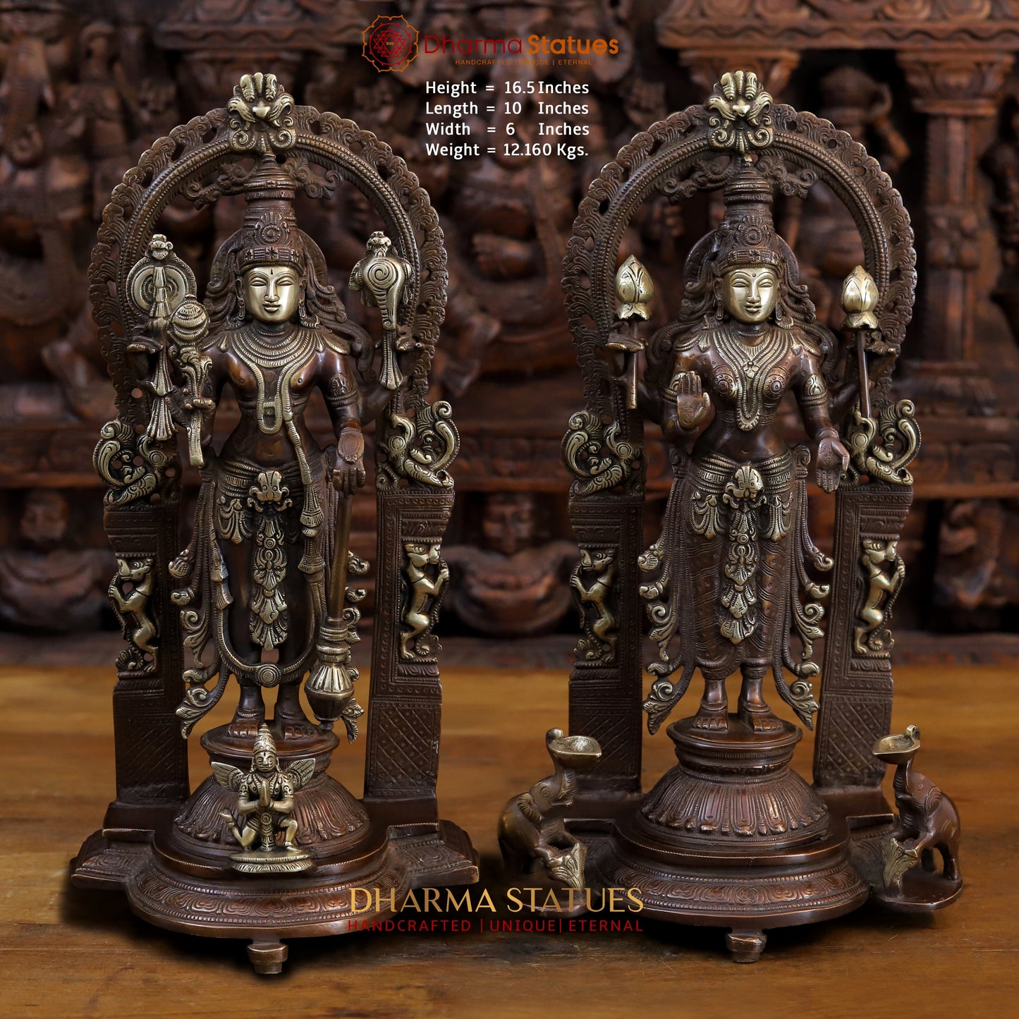Brass Vishnu and Lakshmi Standing in Frame with Elephants & Garuda at the Pedestal, Copper and Gold, 16.5"