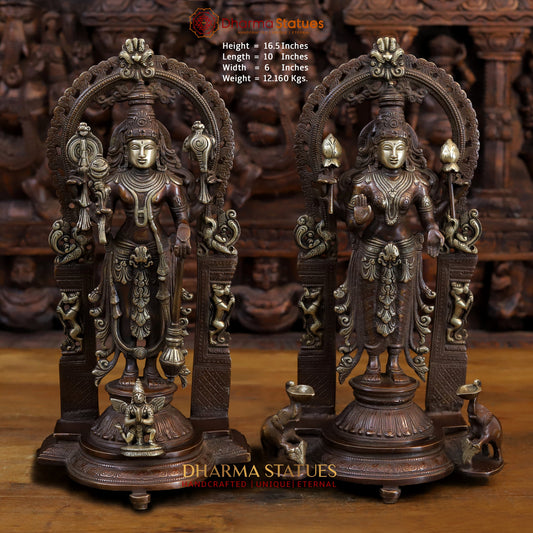 Brass Vishnu and Lakshmi Standing in Frame with Elephants & Garuda at the Pedestal, Copper and Gold, 16.5"