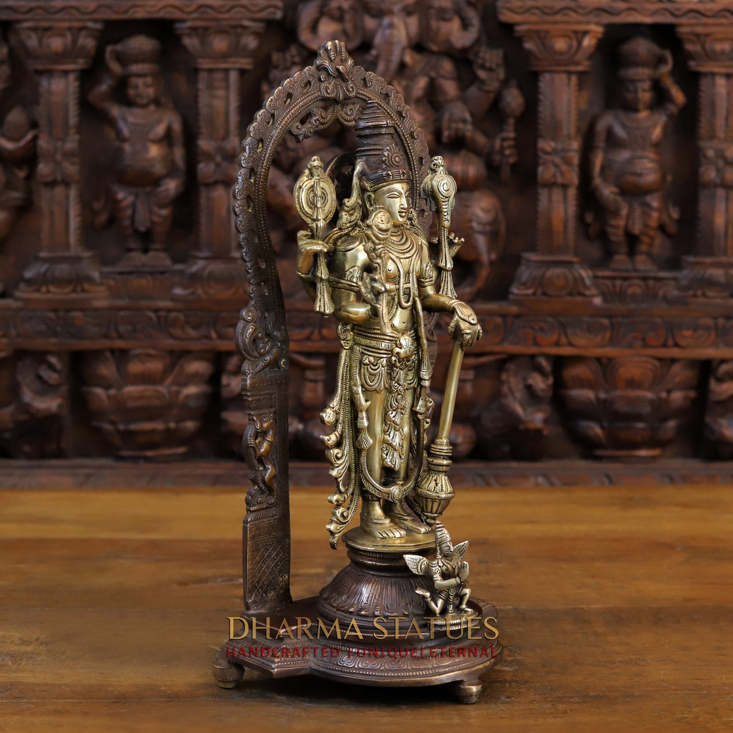 Brass Lakshmi with Shree Garuda at the Pedestal, Golden & Copper Finish, 16"