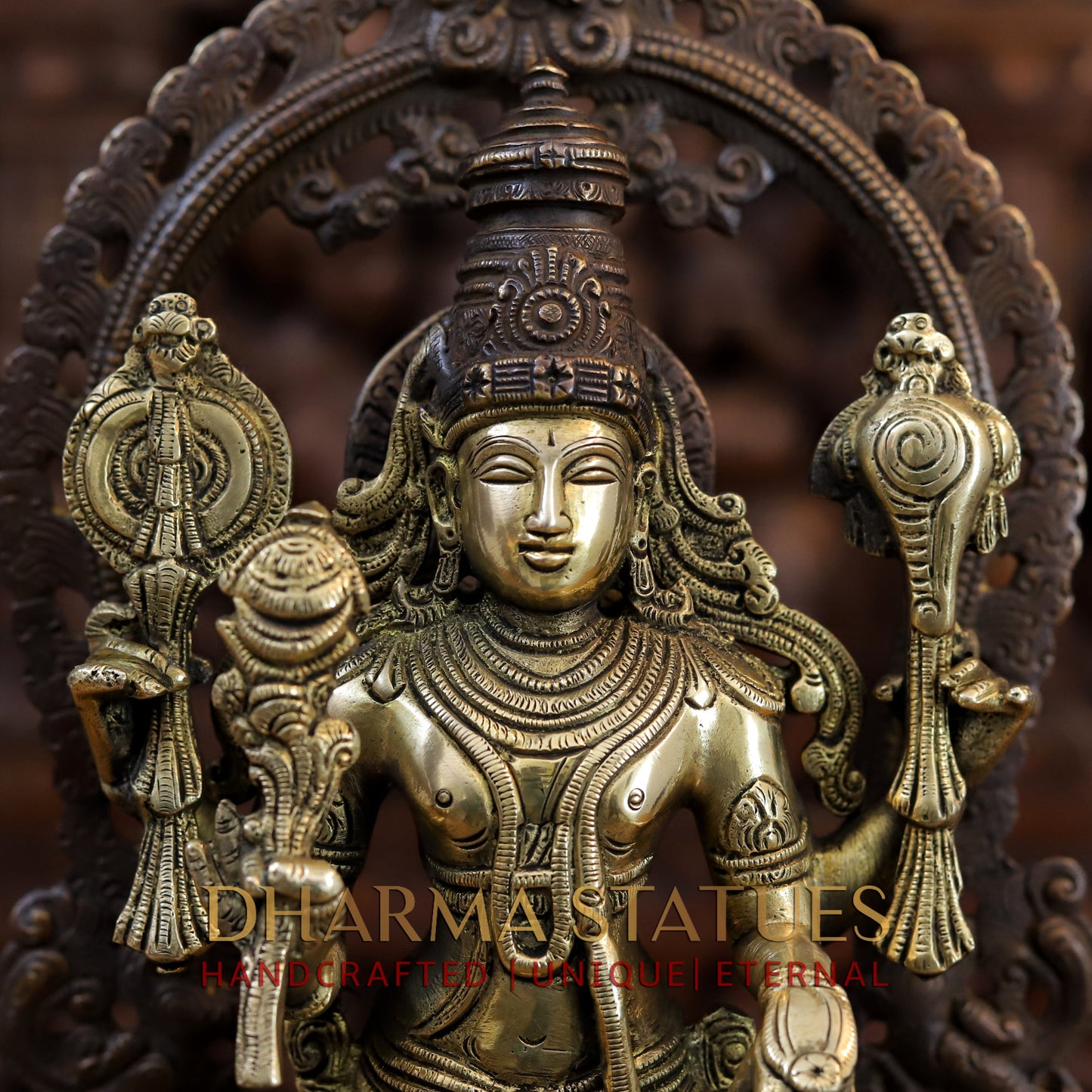 Brass Vishnu and Lakshmi Standing in Frame with Elephants & Garuda at the Pedestal, Copper and Gold, 16"
