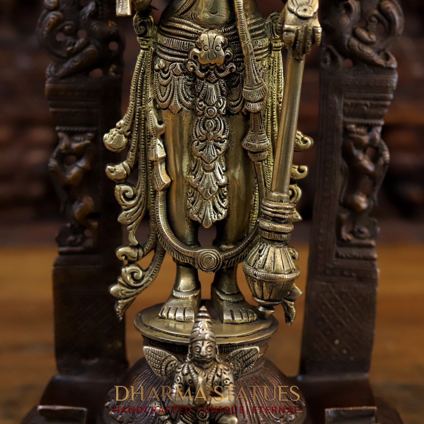 Brass Vishnu and Lakshmi Standing in Frame with Elephants & Garuda at the Pedestal, Copper and Gold, 16"