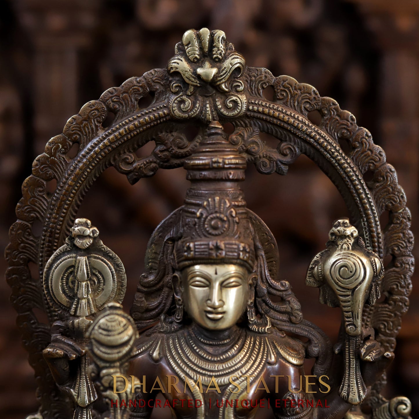 Brass Vishnu and Lakshmi Standing in Frame with Elephants & Garuda at the Pedestal, Copper and Gold, 16.5"