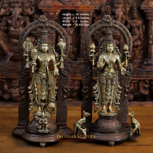 Brass Vishnu and Lakshmi Standing in Frame with Elephants & Garuda at the Pedestal, Copper and Gold, 16"