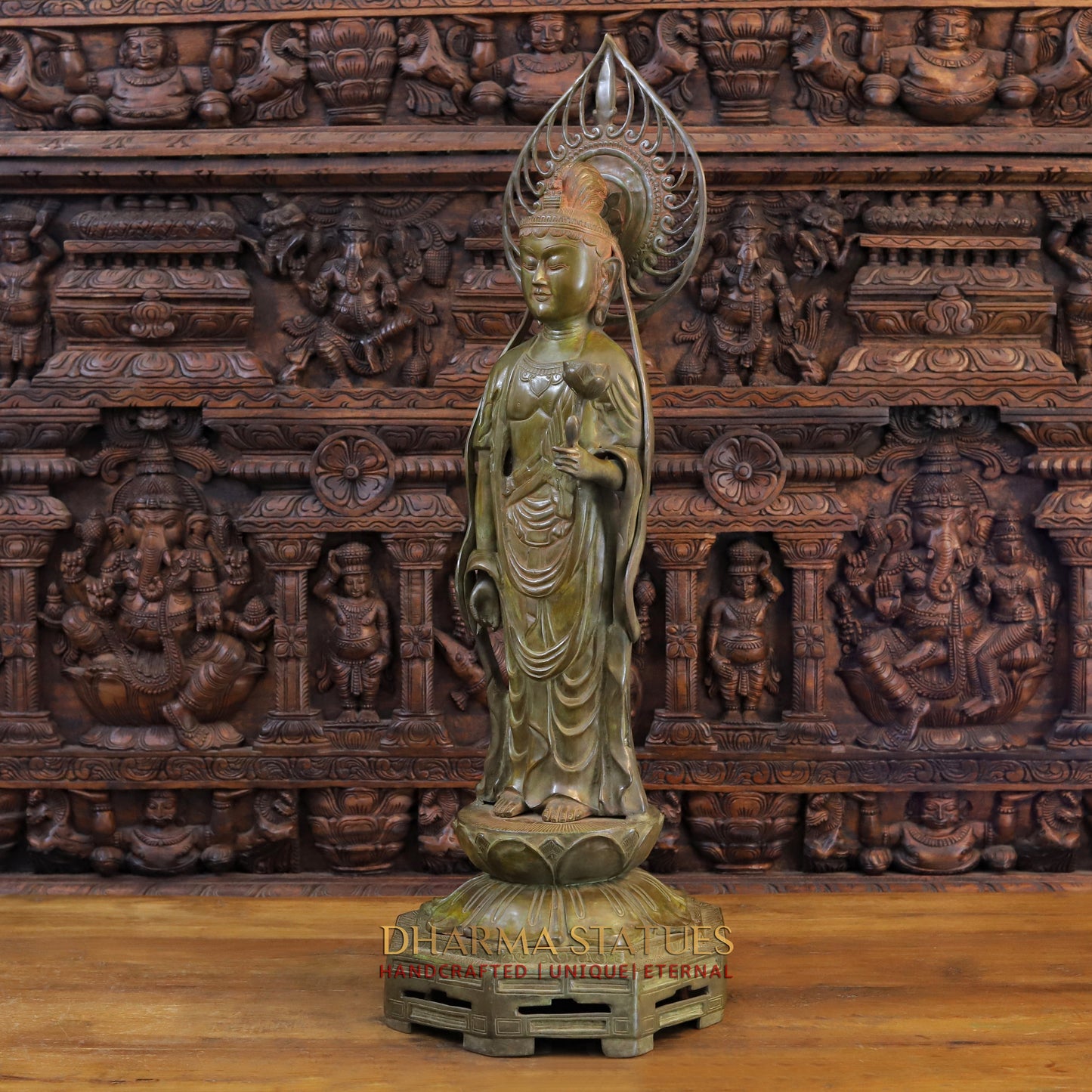 Brass Japanese Buddha Standing on Frame, Patina Green, 39"
