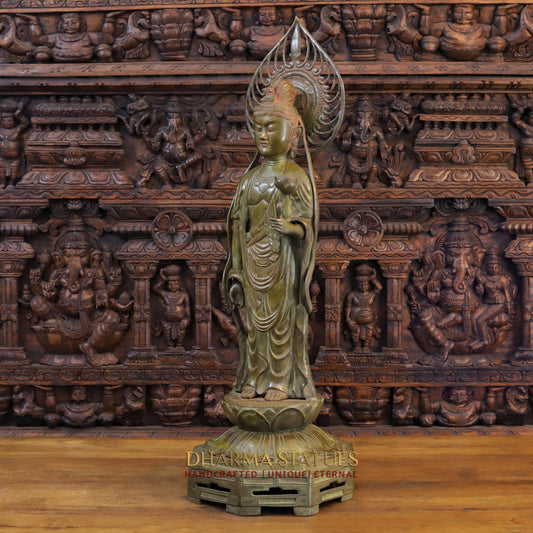 Brass Japanese Buddha Standing on Frame, Patina Green, 39"