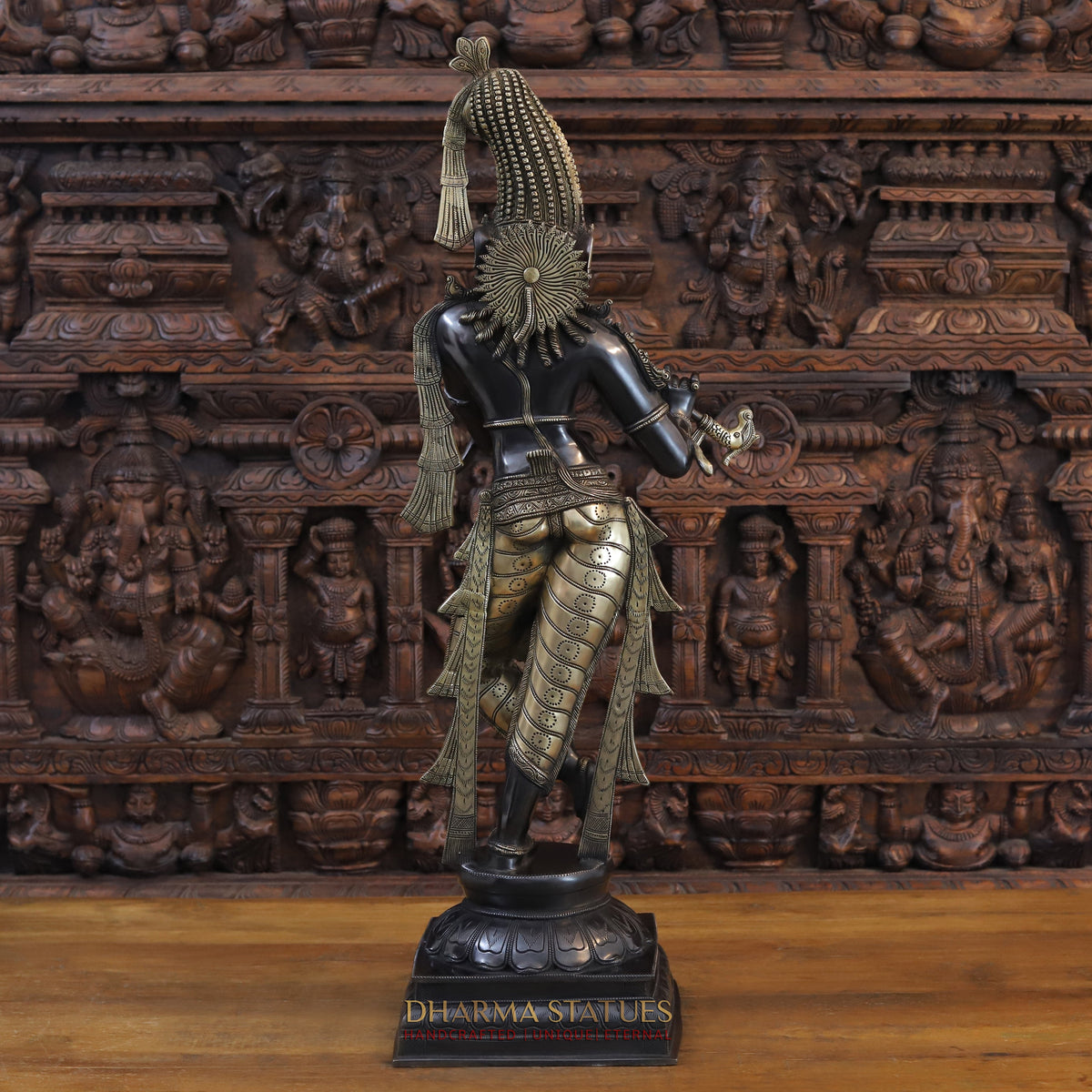 Brass Krishna Playing Flute, Black Patina and Golden Finish, 35"