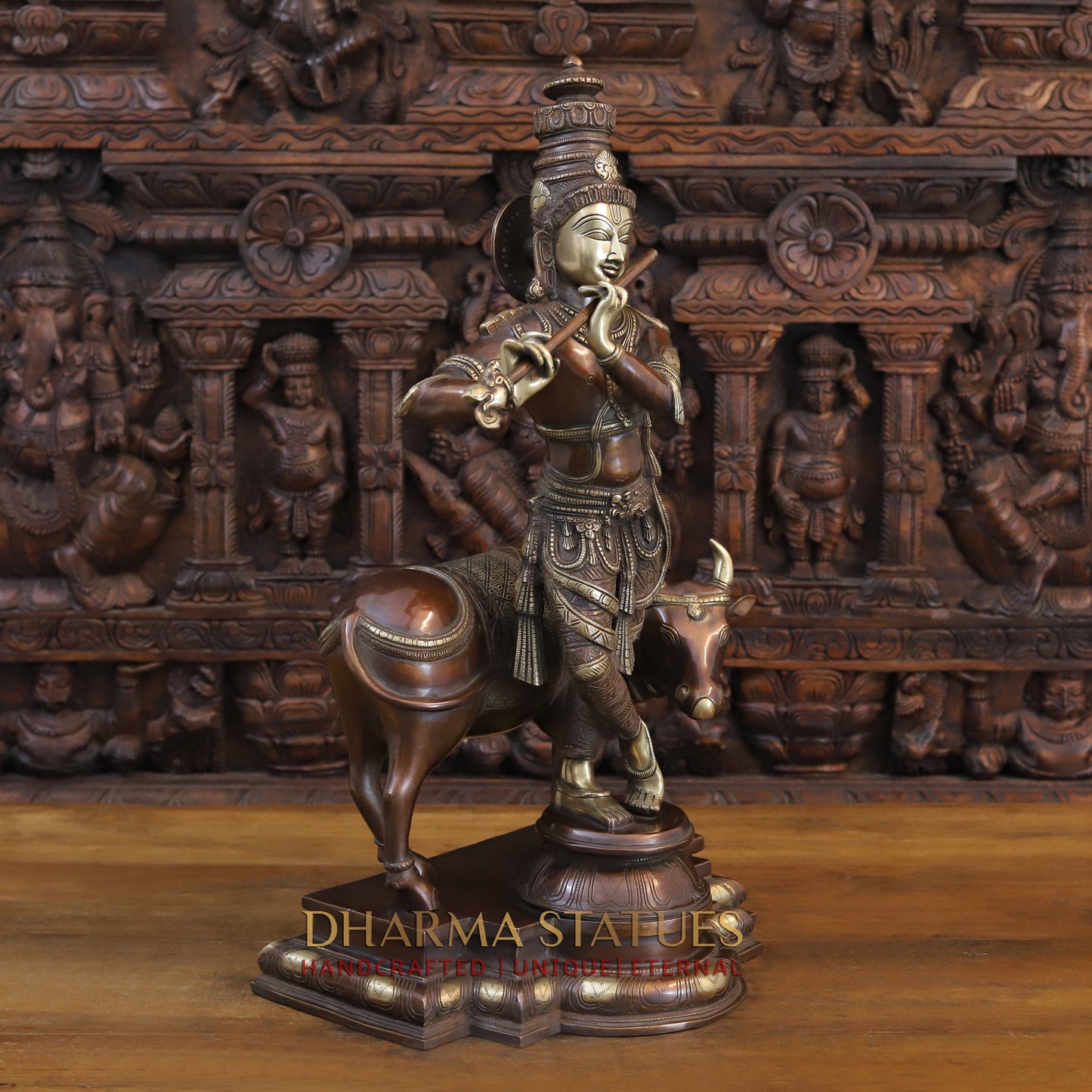 Brass Krishna Playing Flute with Nandi Cow on a Pedestal, Copper & Gold Finish, 26"