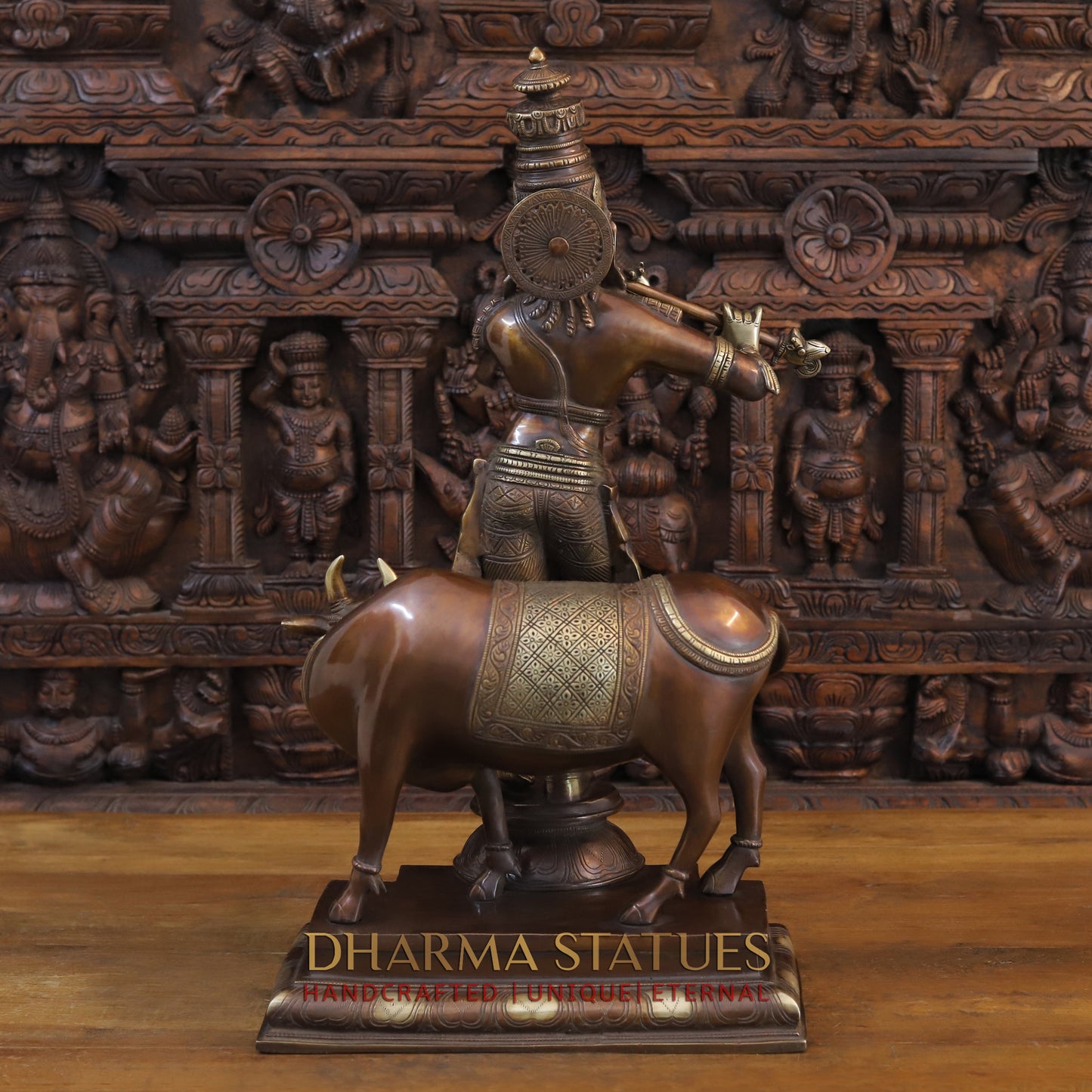 Brass Krishna Playing Flute with Nandi Cow on a Pedestal, Copper & Gold Finish, 26"