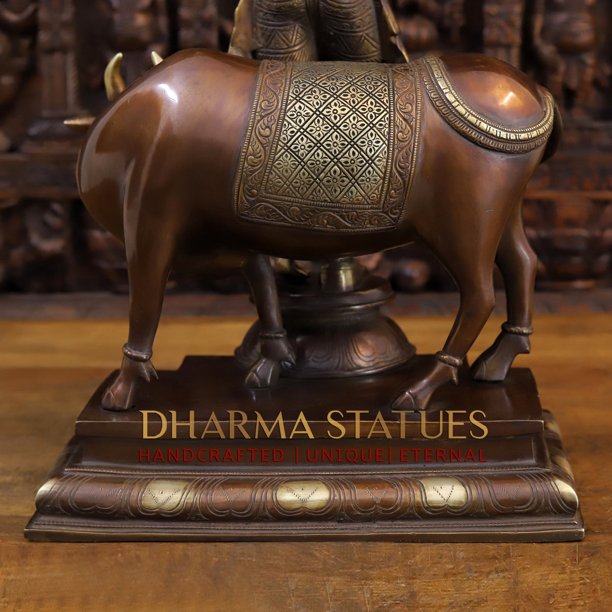 Brass Krishna Playing Flute with Nandi Cow on a Pedestal, Copper & Gold Finish, 26"