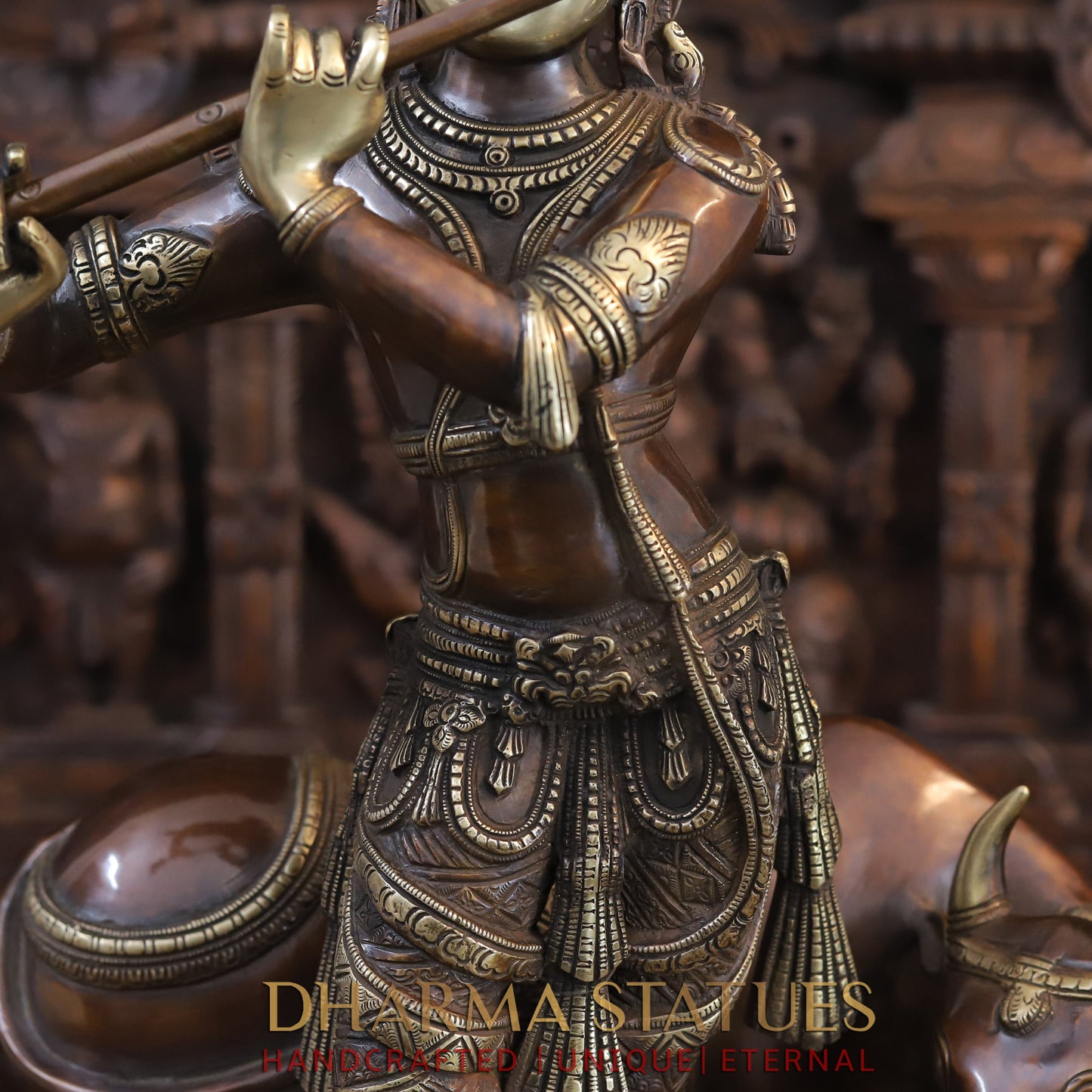 Brass Krishna Playing Flute with Nandi Cow on a Pedestal, Copper & Gold Finish, 26"