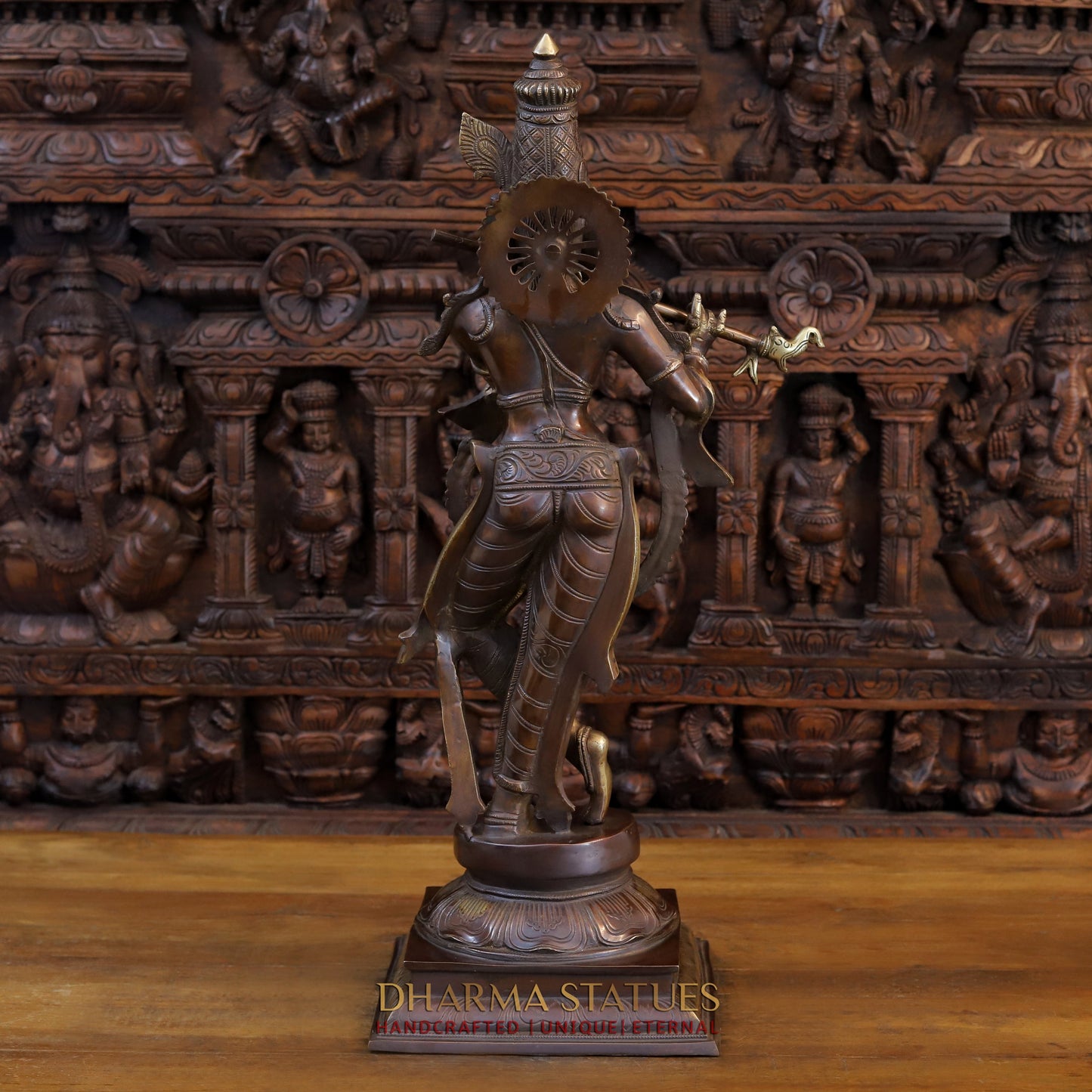 Brass Krishna Playing Flute on Pedestal, Copper & Gold Finish, 28"