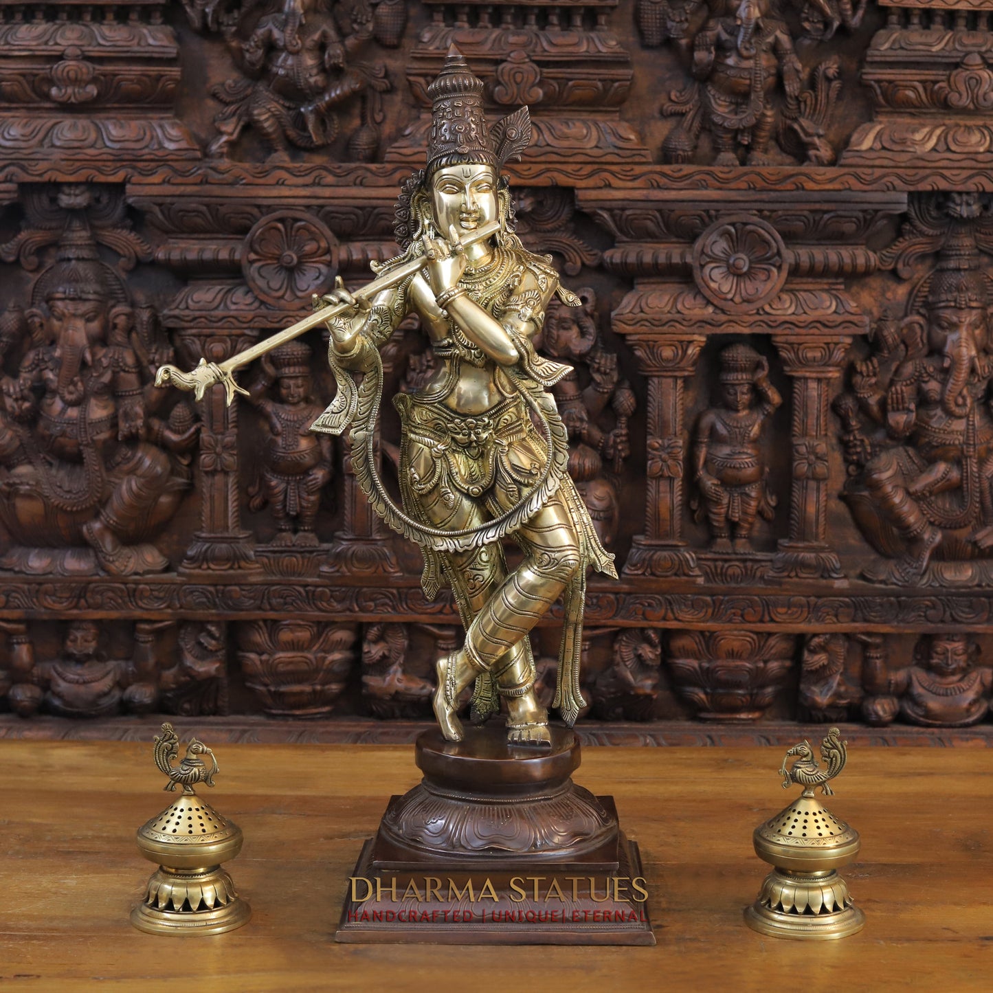 Brass Krishna Playing Flute on Pedestal, Copper & Golden Finish, 28"