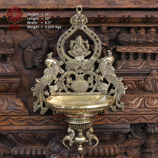 Brass Ganesh Diya Stand, with Peacock, Fine Gold Finish, 15"