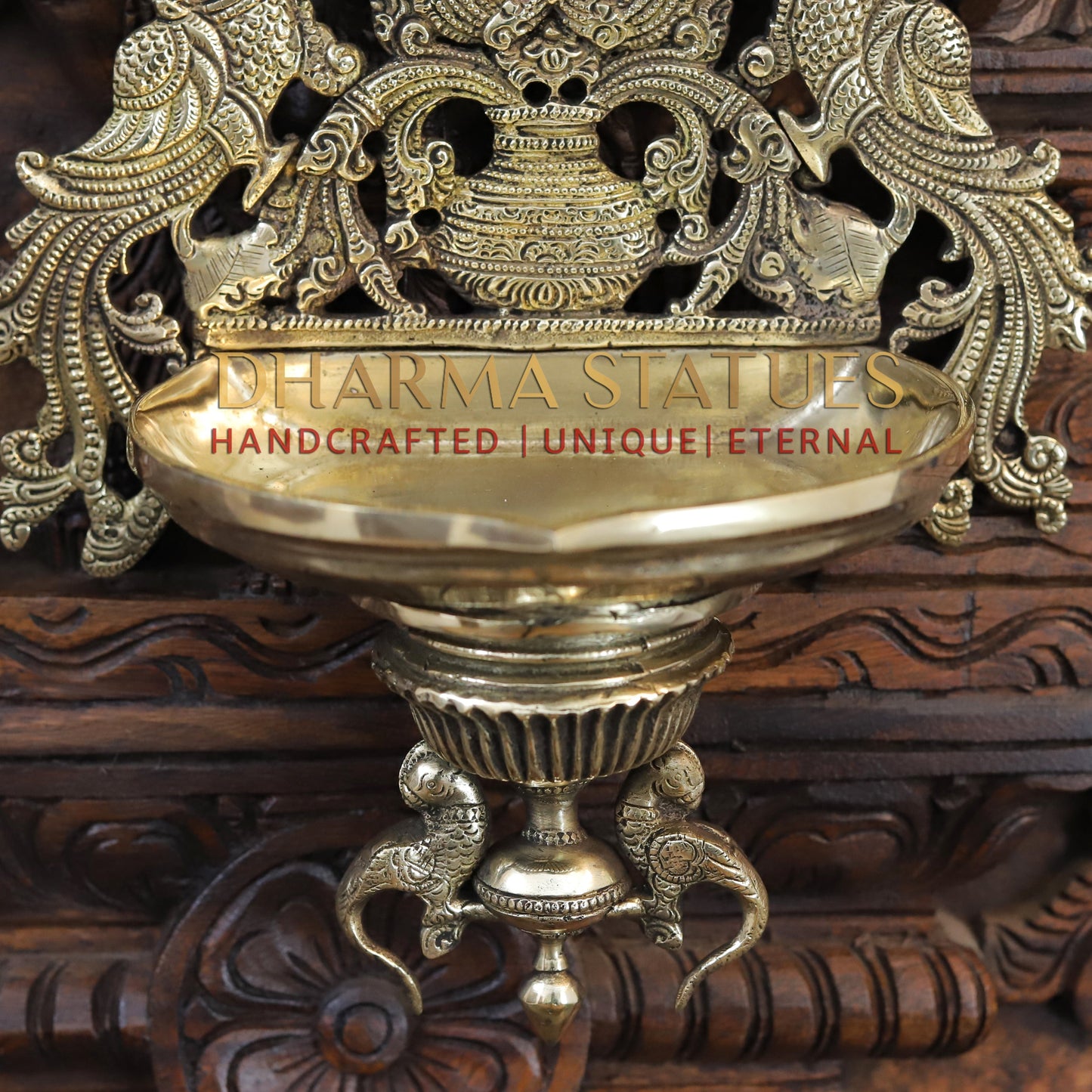 Brass Ganesh Diya Stand, with Peacock, Fine Gold Finish, 15"