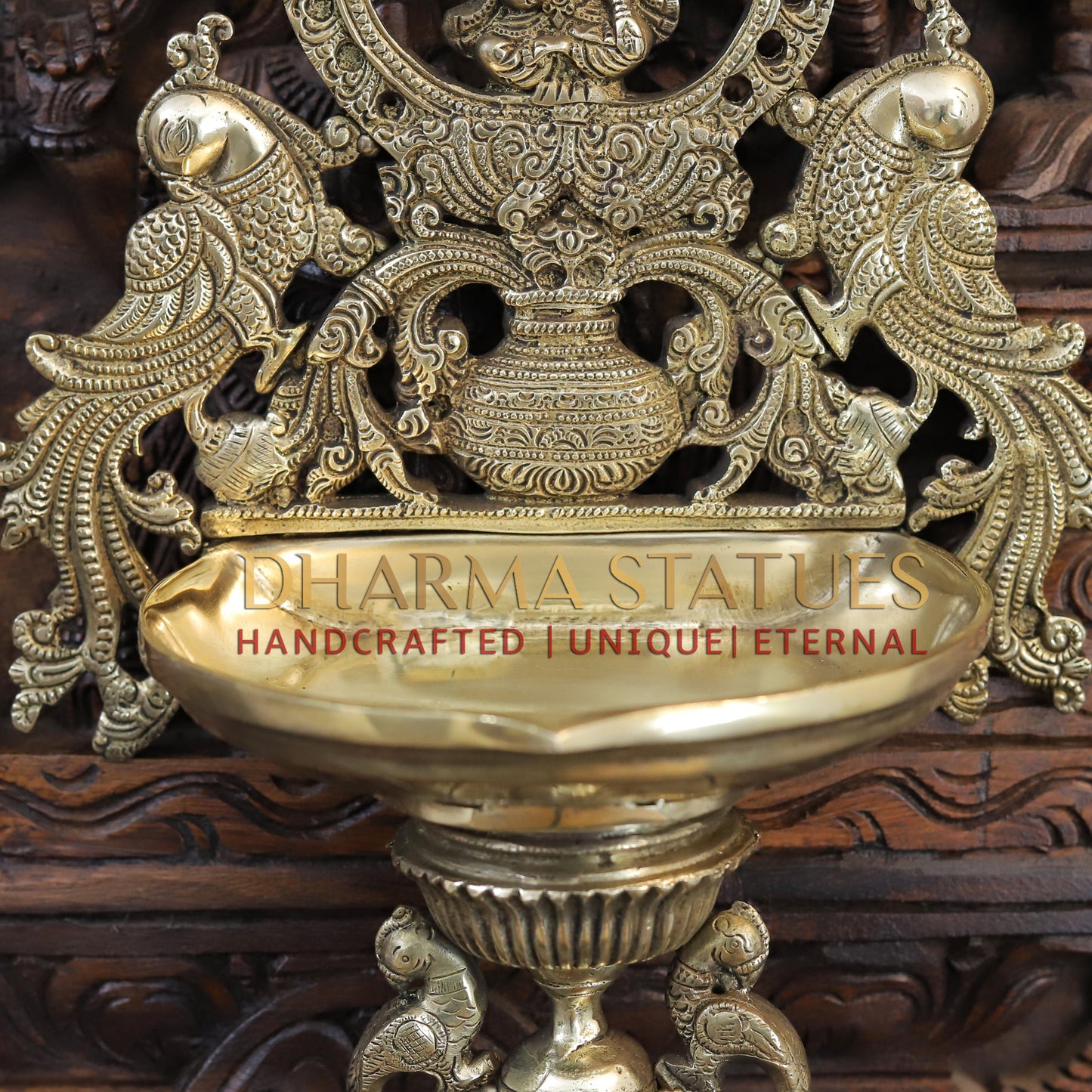 Brass Ganesh Diya Stand, with Peacock, Fine Gold Finish, 15"