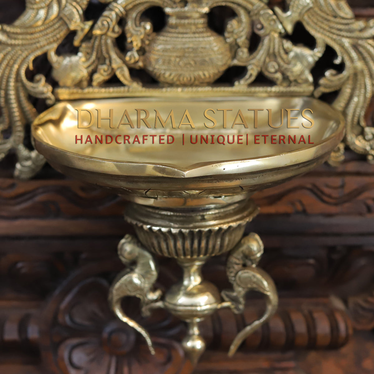 Brass Ganesh Diya Stand, with Peacock, Fine Gold Finish, 15"